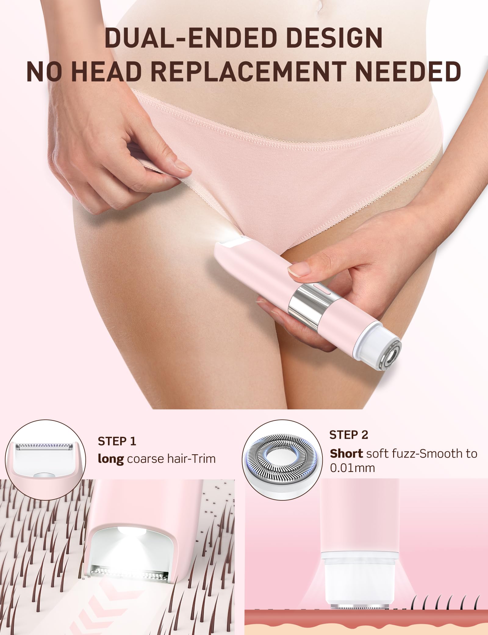 Bikini Trimmer Women 2-in-1 Facial Hair Remover for Women,USB-C Razors Woman,Dual Head Shaver Women with Smart Light for Intimate,Lady Shavers for Woman Pubic Hair for Lip Underarm Body,Travel Lock — view 2