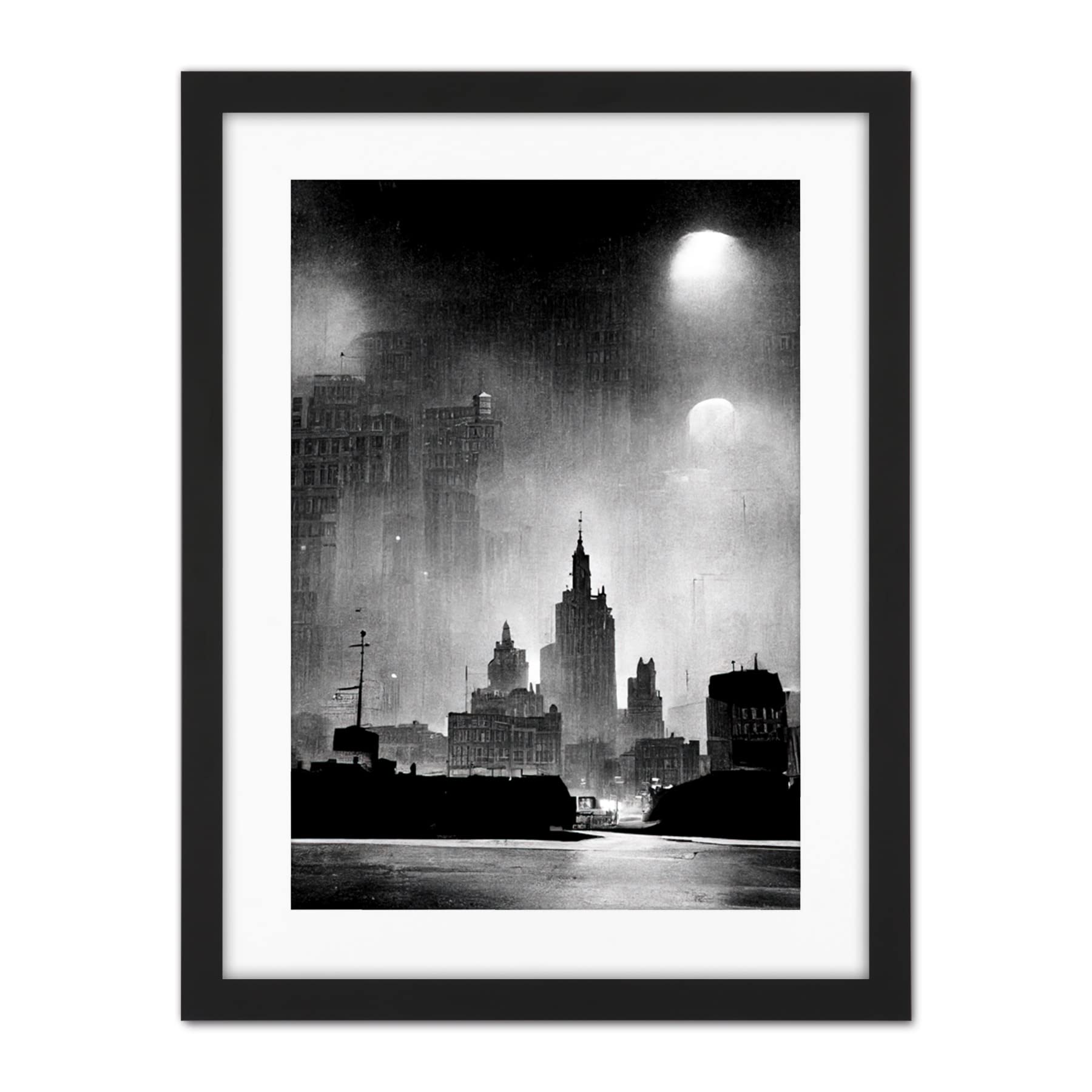 Doppelganger33 LTD 1950s Black And White New York Rainy Mist Cityscape Artwork Framed Wall Art Print 18X24 Inch