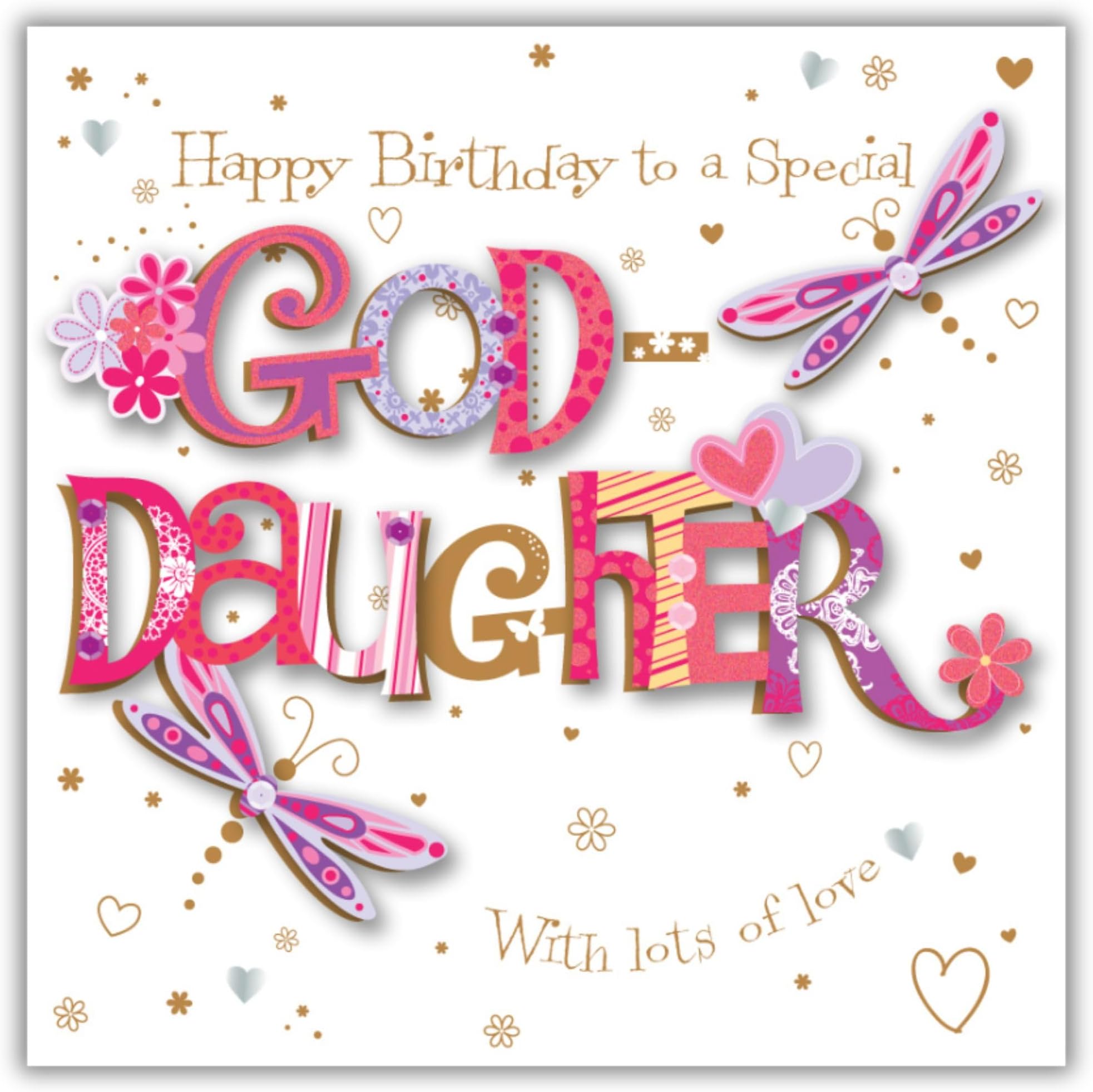 Ling Design Birthday Card for Goddaughter - Dragonfly Design - Foil Finish with Embellishments - Pretty Birthday Greeting Card to a Special Goddaughter - For Her