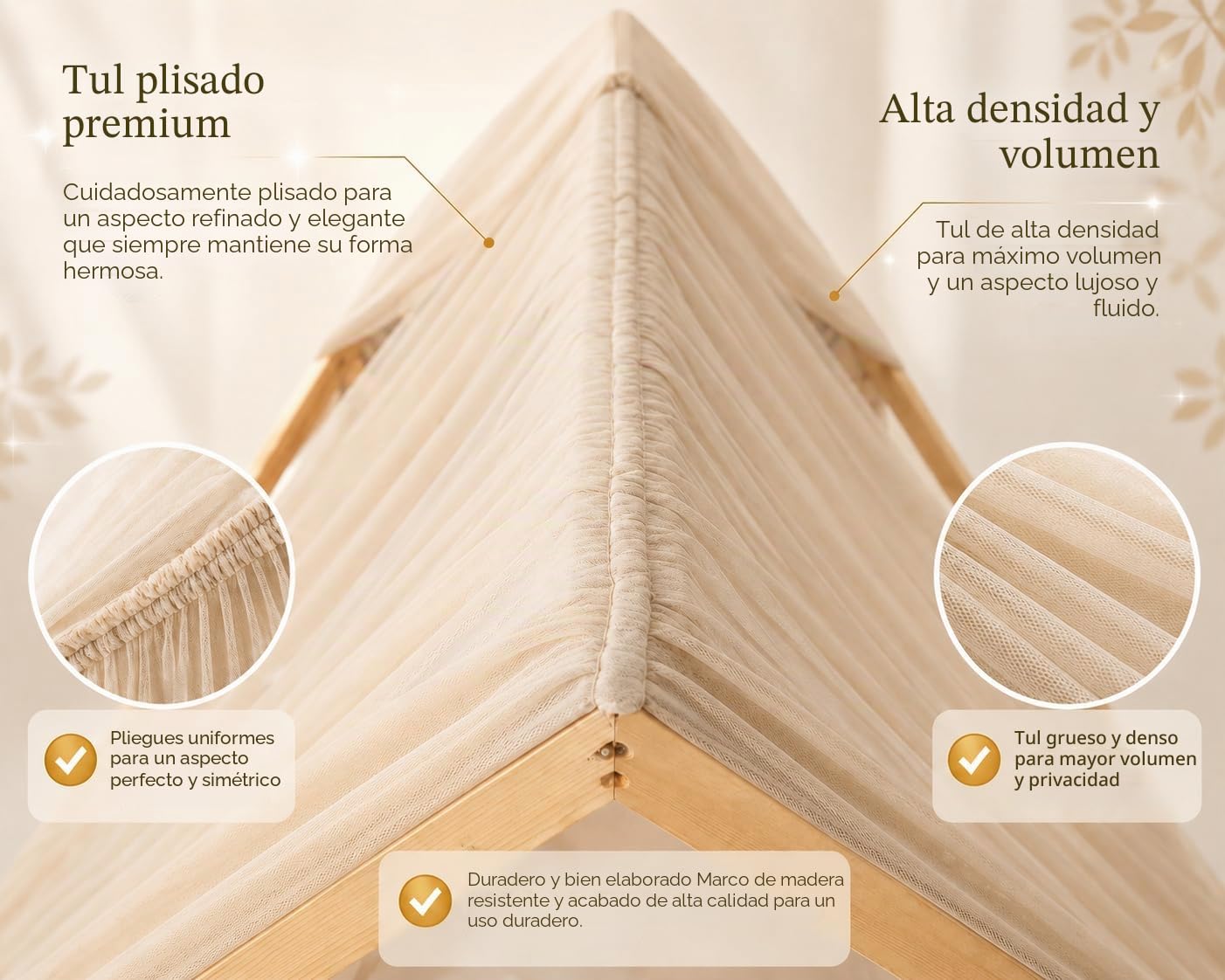 Baby Fancyroom Juego de Decoración para Cama de Casa, Dosel Beige con Guirnalda de Pompones de Tul Premium para Habitación Infantil (Cielo + 5 Mariposas Doradas)