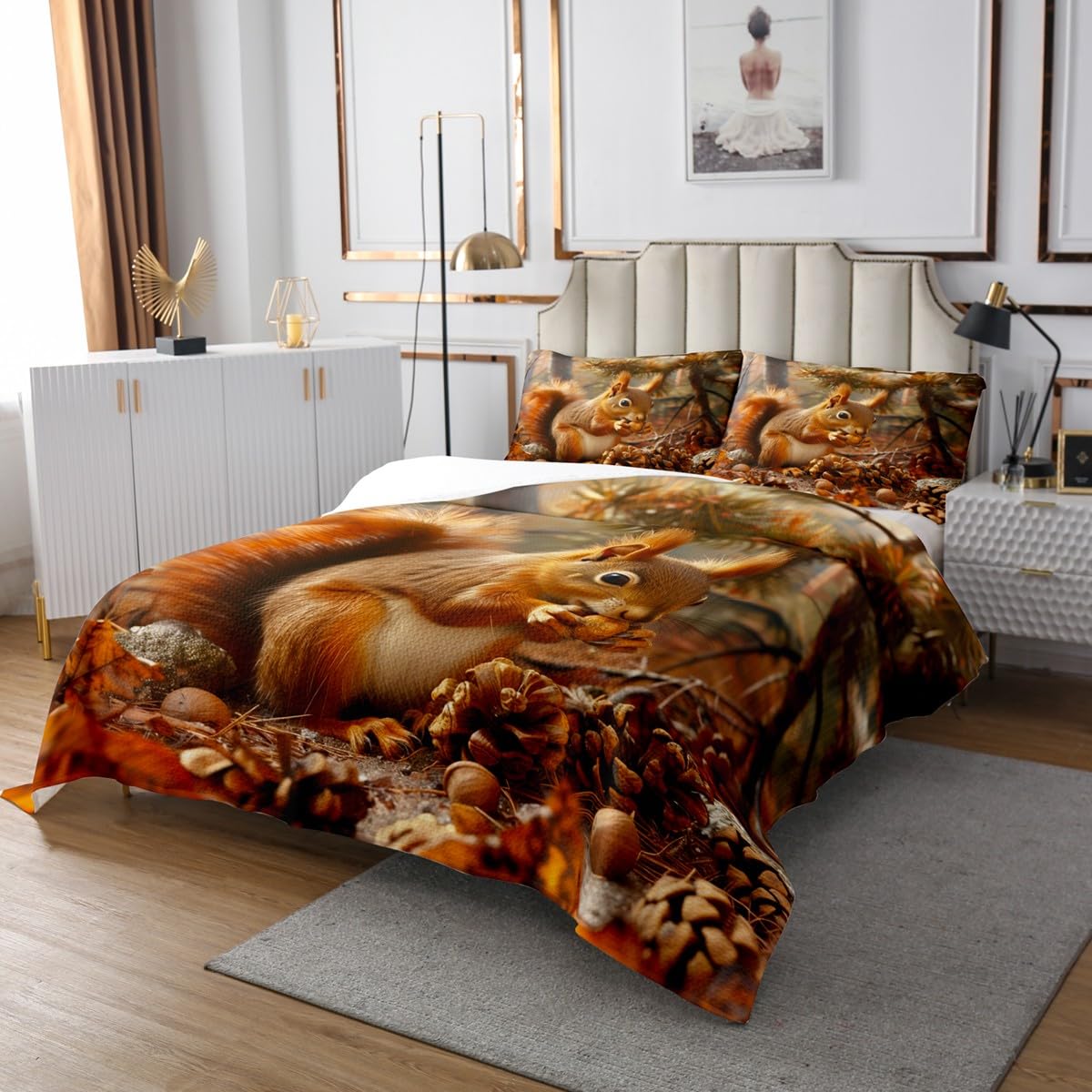 Cute Squirrel Kids Bedspread King Size,Pine Cone Pine Tree Maple Leaves Autumn Coverlet Set,Boys Girls Room Decor,Wild Jungle Animal Rustic Quilted Coverlet,Brown Bedding Quilt,2 Pillowcases