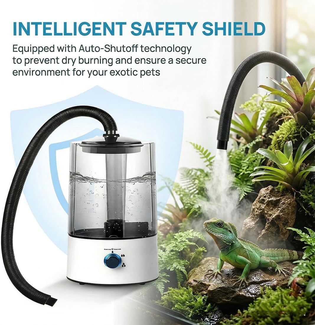 Reptile Humidifier Fogger, 4L Large Capacity Cool Mist Maker, Reptile Fogger with Tank Cool, Quiet Automatic Mister with Adjustable Hose Auto Shut-Off for Terrarium Gecko Snake Turtle Lizard (White)