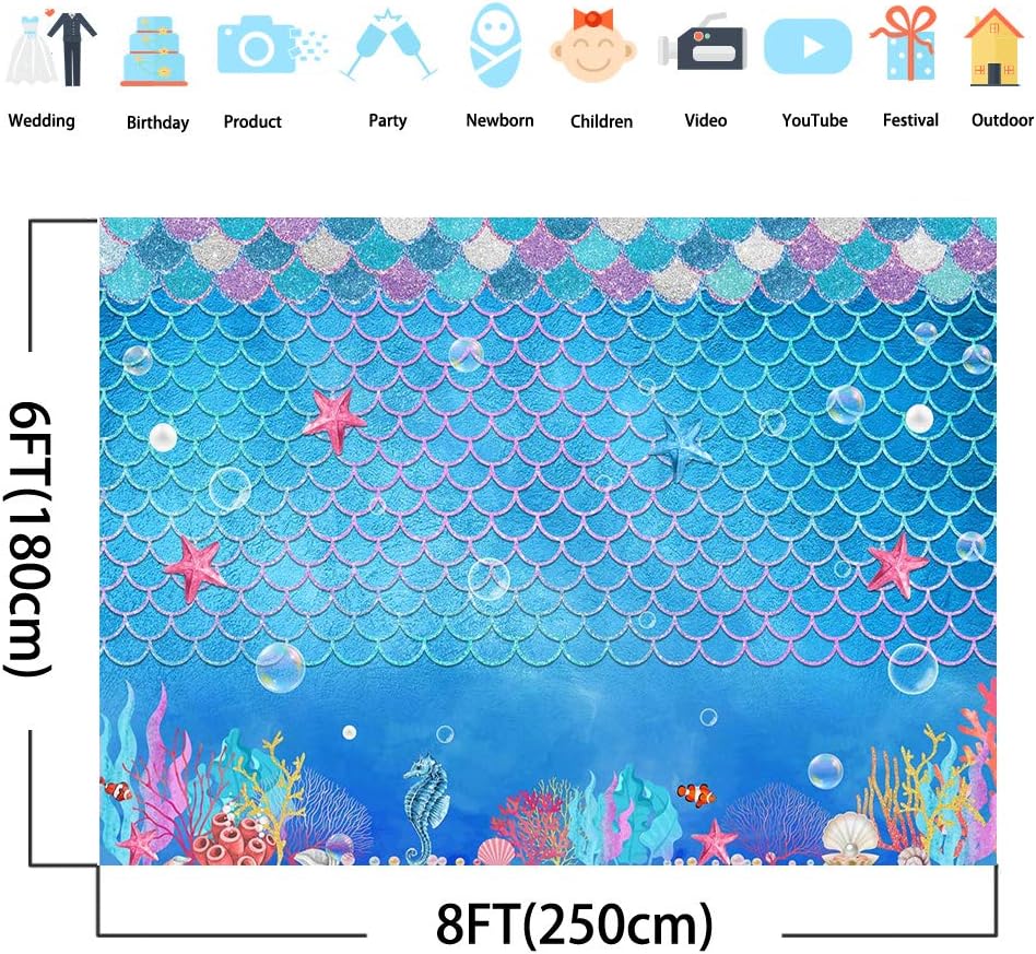 Avezano 8x6ft Under The Sea Backdrop Little Mermaid Scales Photography Background Under The Sea Ocean Birthday Party Backdrops for Kids