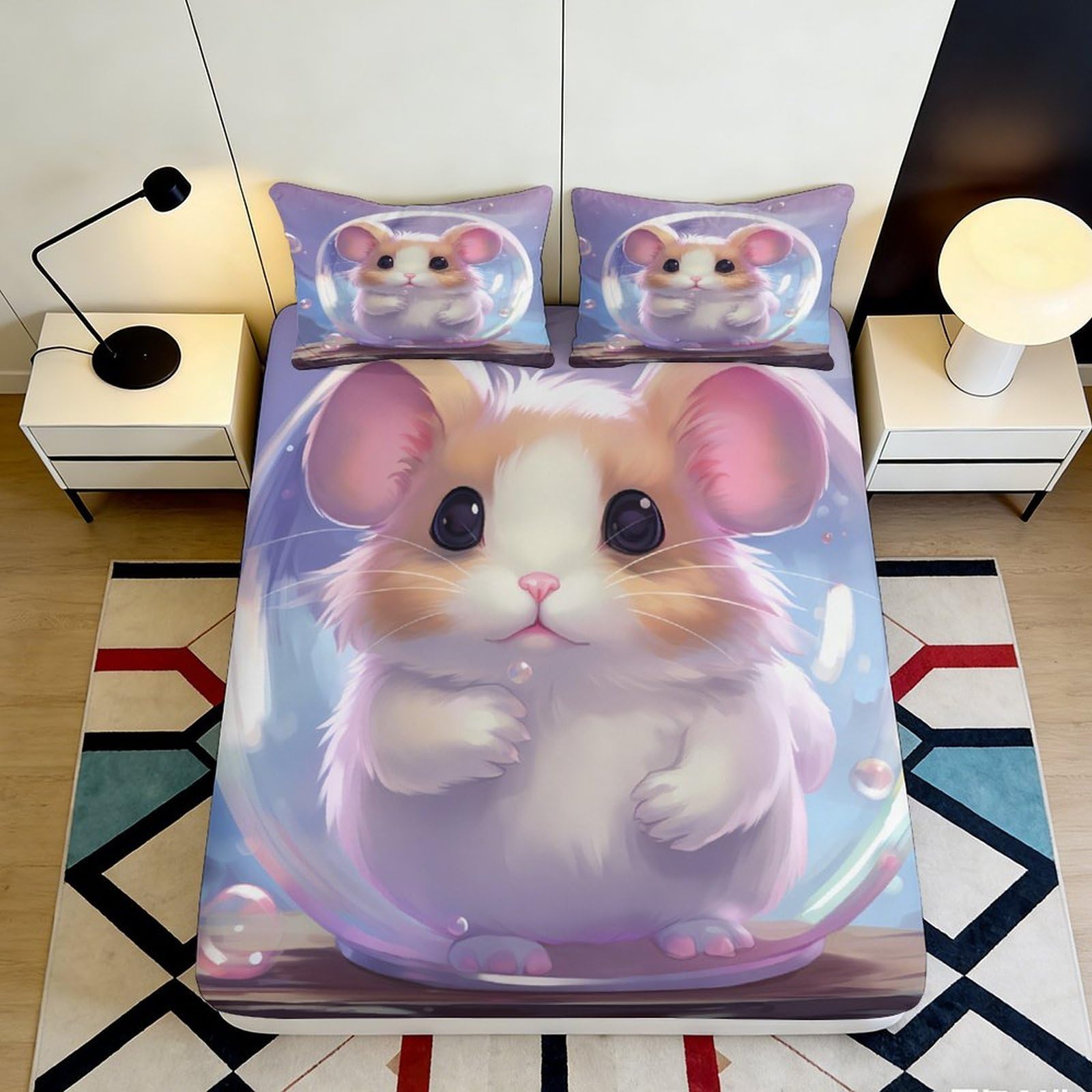 3D Printed Cute Hamster Fitted Sheet Microfiber Soft Bedroom Decor Cartoon Animal Mattress Cover Washable 90x200x25cm