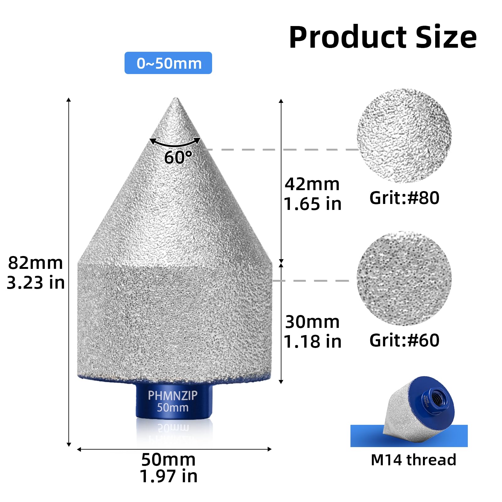 Fraise à Chanfreiner Diamantées Fraisage à Doigts 50 mm Bit de Chanfrein pour Carrelage Marbre Céramique Granit Finition Nettoyage Agrandissement Meulage des Trous Existants
