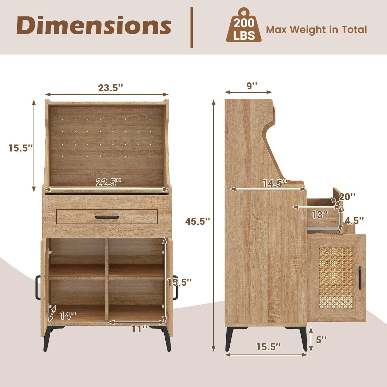 LOKO 45.5” Kitchen Pantry Cabinet, Coffee Bar Cabinet with DIY Pegboard, Rattan Buffet Sideboard with Storage Drawer & Adjustable Shelf, Mid Century Modern Hutch Cabinet for Living Room, Oak (1)