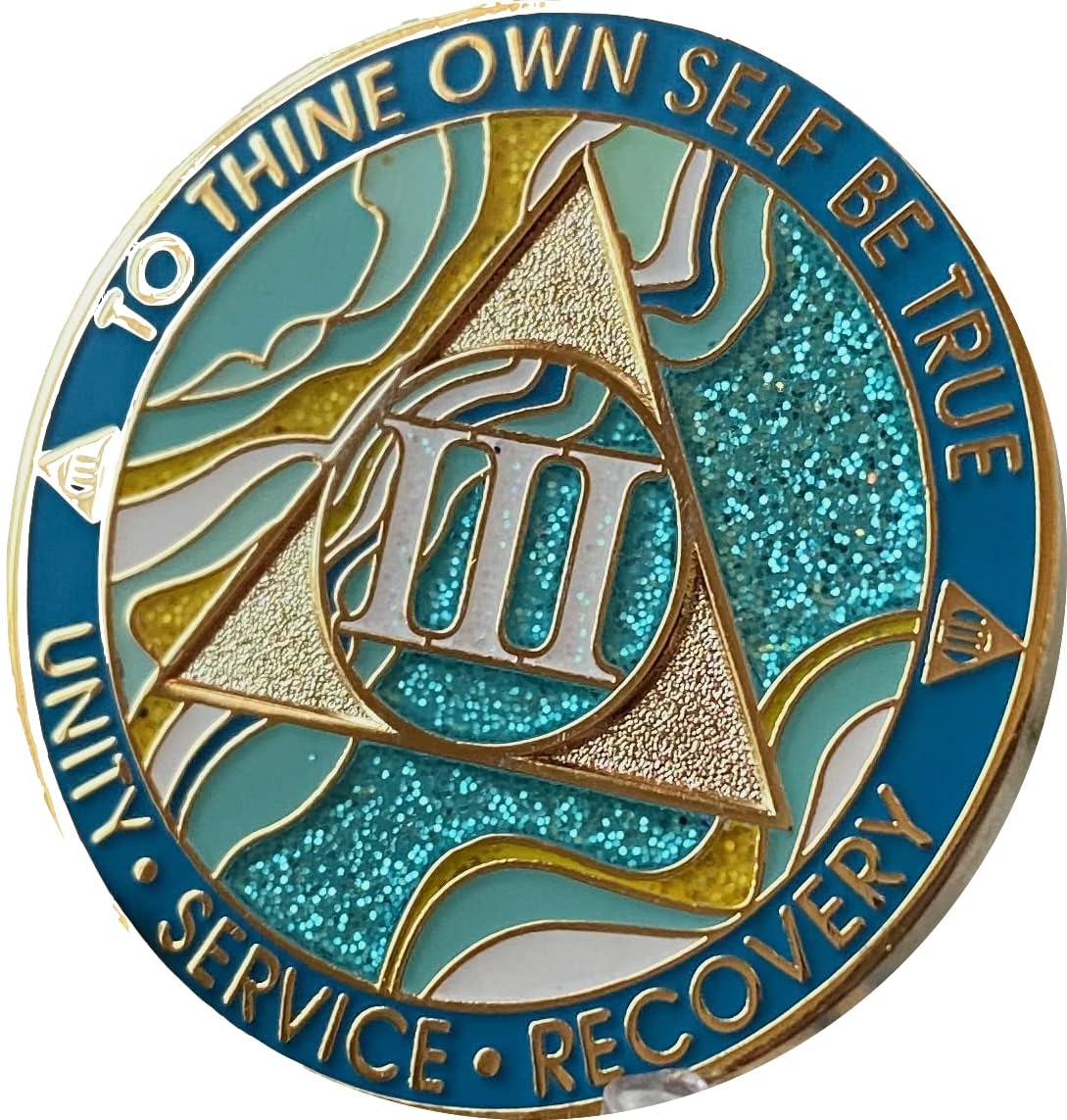 3 Year AA Medallion Elegant Marble Caribbean Aqua Glitter Blue Gold Plated Chip