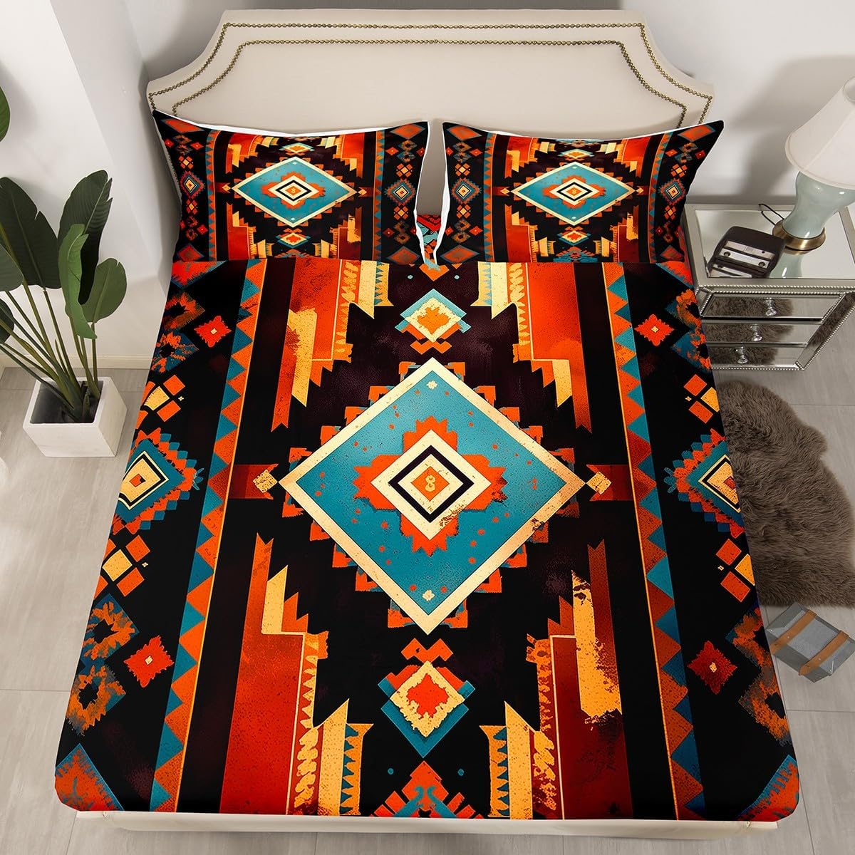 Feelyou Boho Bed Sheet Set Queen Size Western Decor Fitted Sheet for Kids Boys Girls Southwest Native American Design Bedding Set Southwestern Geometric Bed Cover