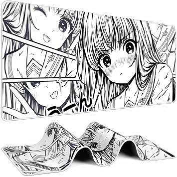 XXL Anime Girl Mouse Pad Black White  Super Thick Large Manga Girl Desk Mat 31.5x15.7   Non-Slip, Water-Resistant, Stitched Edges   Aesthetic Japanese Gaming Mat 800X400X4mm