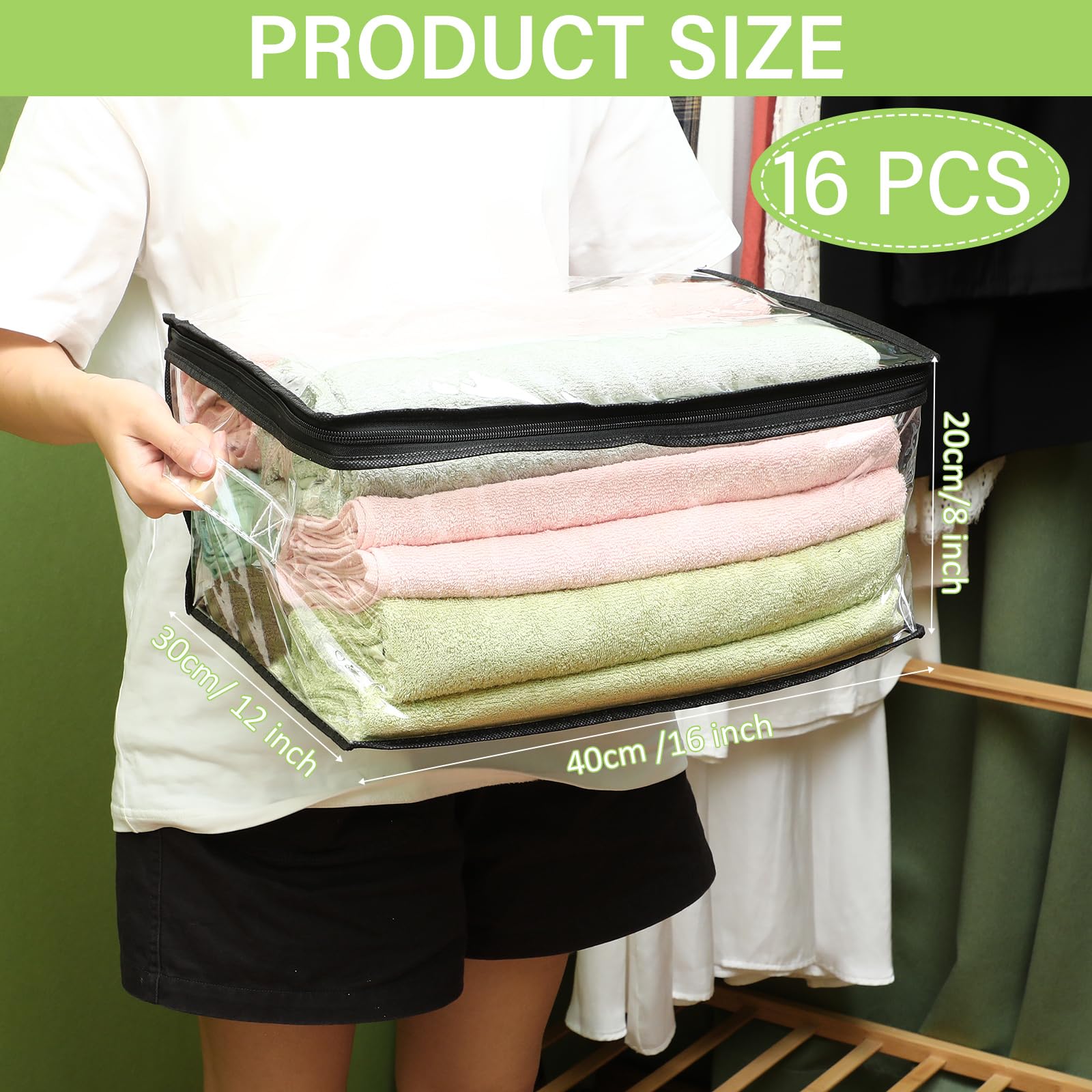 Windyun 16 Pack Clear Storage Bag with Zippered and Handle Waterproof Dustproof Plastic Blanket Storage Bag Clothes Sweater Storage Bags Bed Sheet Organizers for Closet Pillow Toys 16 x 12 x 8 Inch