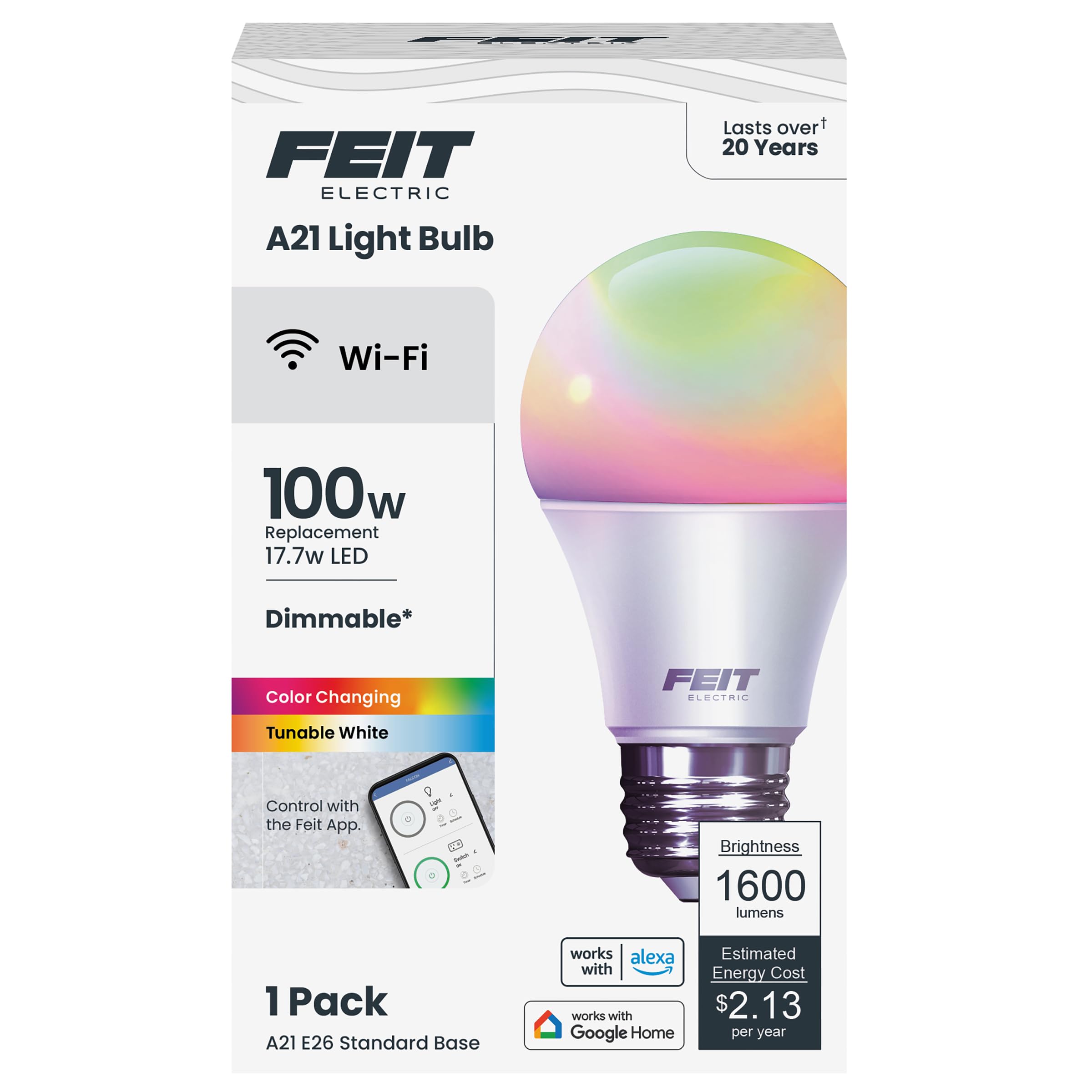 Feit Electric Smart Bulb, 100W Equivalent Color Changing and Tunable White, 2.4Ghz Wifi light bulb, No Hub Needed, Works with Alexa and Google Assistant, High CRI Dimmable LED OM100/RGBW/CA/AG, 1 Pack