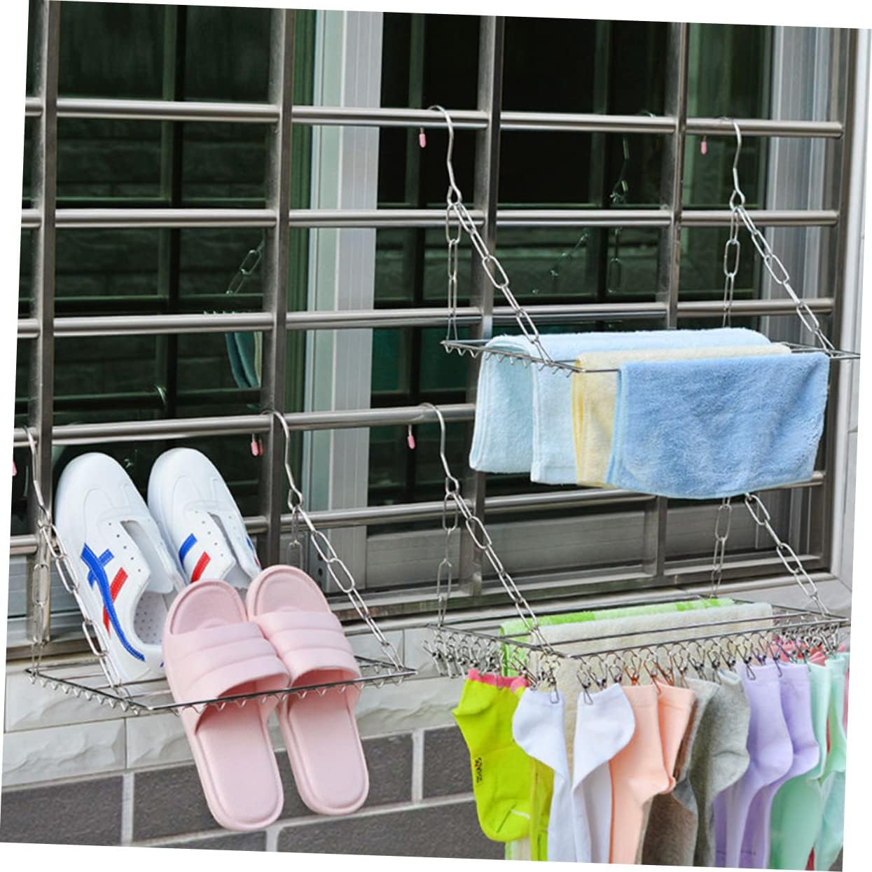 VOSAREA Stainless Steel Multifunctional Drying Rack for Pants Towels Socks Thickened Frame with Adjustable Hanging Methods Compact Home Organizer for Balcony and Laundry