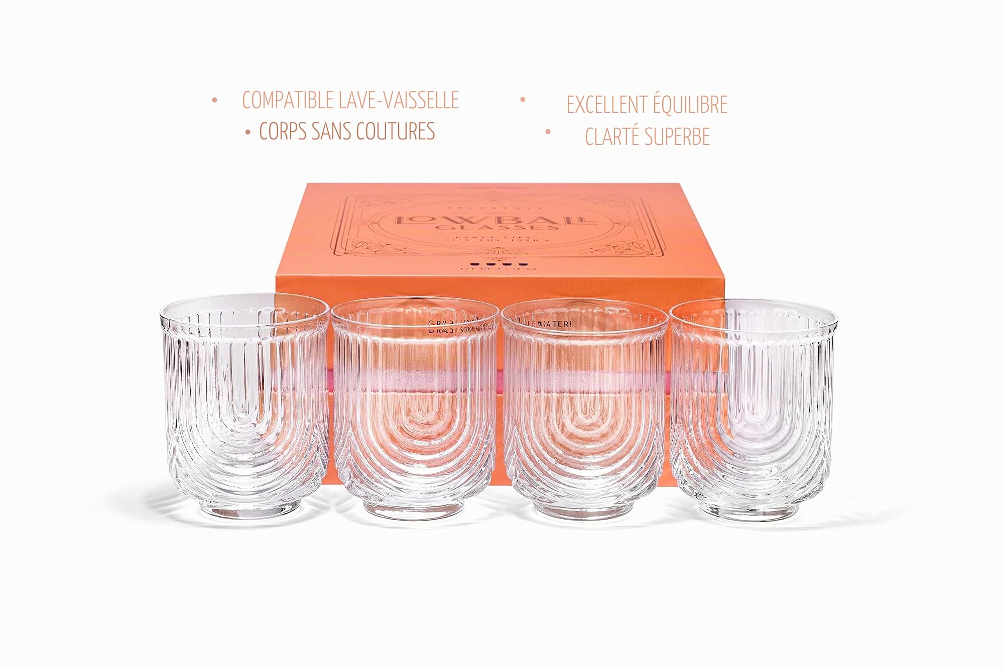 GLASSIQUE CADEAU Lot de 4 verres à cocktail vintage Art déco Lowball Gatsby - 388,5 g - Double verres à l'ancienne pour boire du whisky classique, du gin, de la vodka - Verres ronds courts