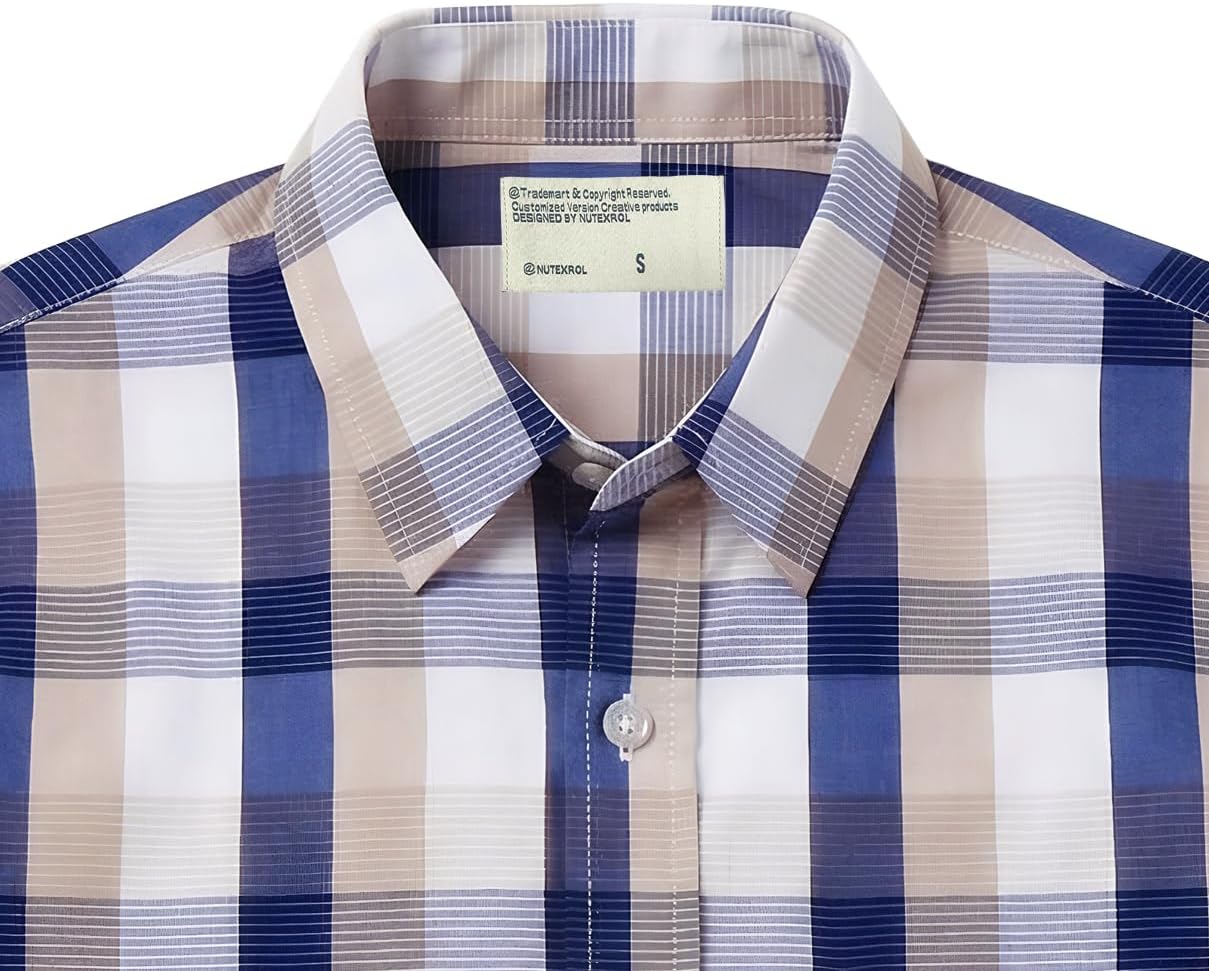 Mens Button Down Short Sleeve Shirts Plaid Casual Soft Dress Regular Fit Shirt with Pocket
