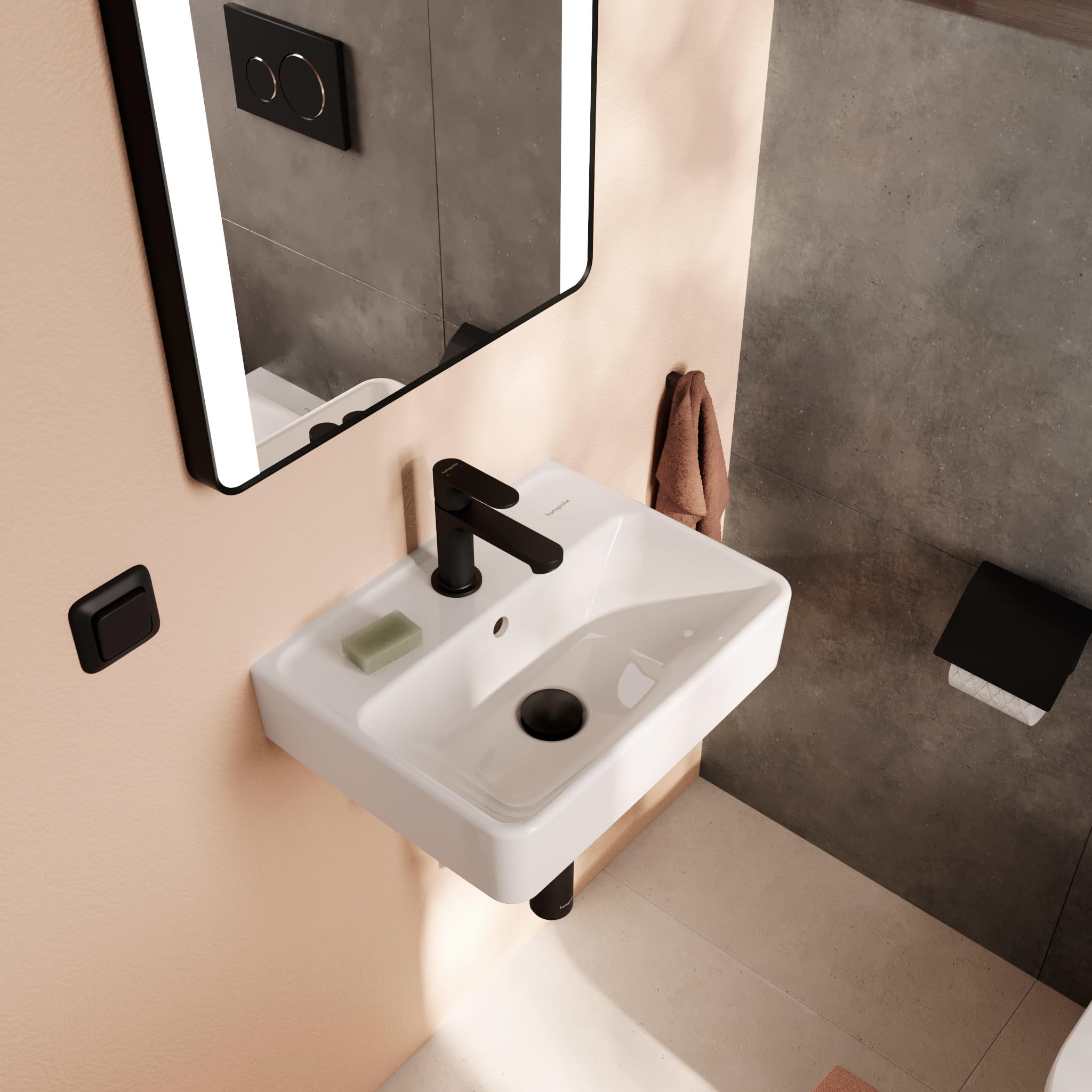 hansgrohe Xanuia Q - Handwaschbecken, kleines Waschbecken 450 x 340 x 105 mm mit Hahnloch und Überlauf, Waschbecken Gäste WC wandhängend, Weiß, 60130450