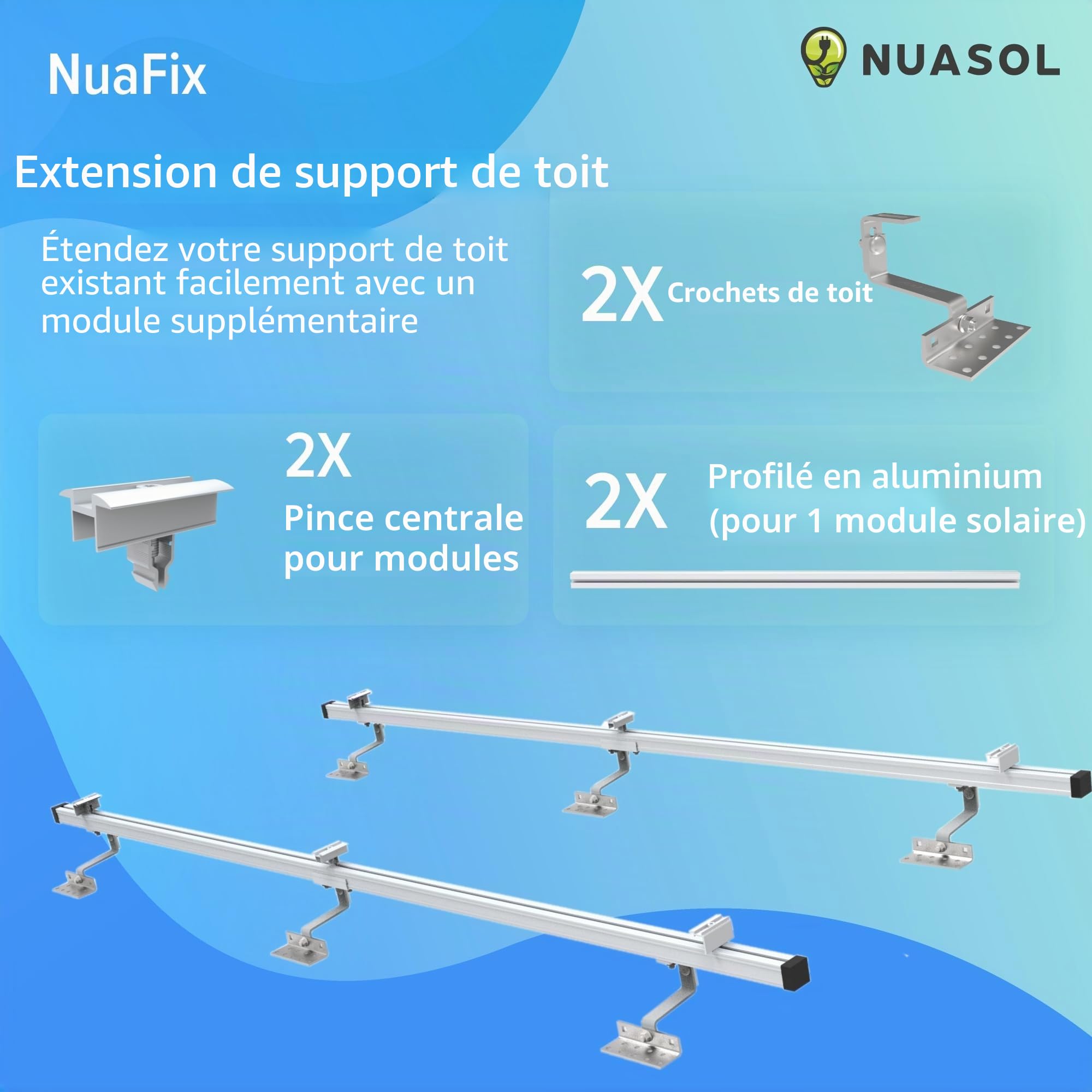 Kit de montage de toit de tuile photovoltaïque,Fixation de panneau solaire avec crochet de toit,Support de panneau solaire avec pince d'extrémité et pince centrale 35 mm NS-HE-ZDME1 Argenté