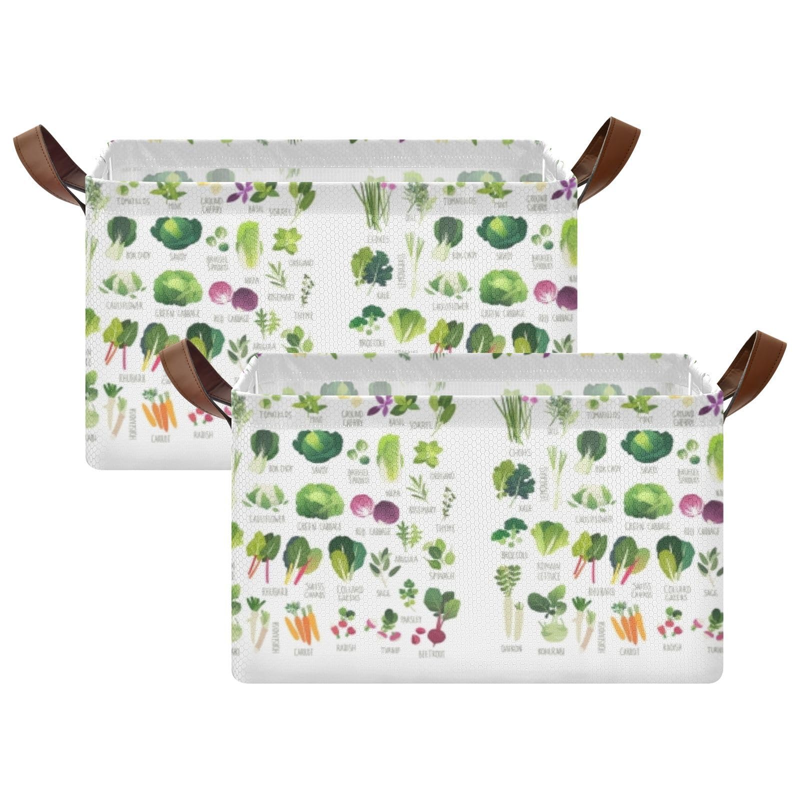 Seamless Collection of Various Vegetables and Common Herbs on White 2PC Rectangle Foldable Frame Basket Leather Handles Storage Bin for Laundry Bathroom Organizer M 16.9 x 11.4 x 10 inch