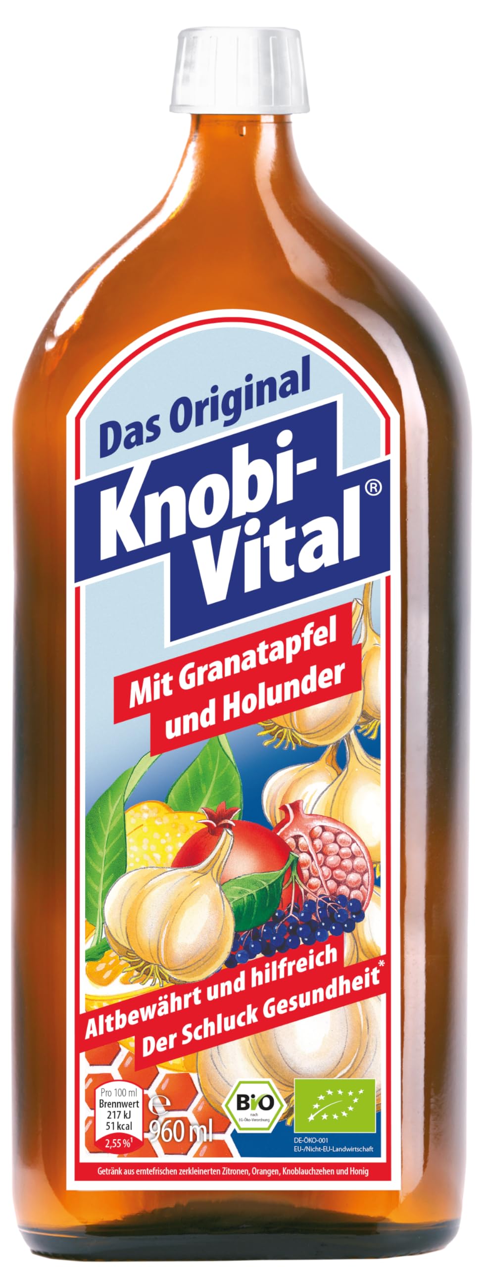 KnobiVital mit Granatapfel & Holunder Bio (960 ml) I Hochkonzentrierter Knoblauchsaft mit Thiamin für Energie, Nerven & Herz - Natürlich & ohne Zusätze