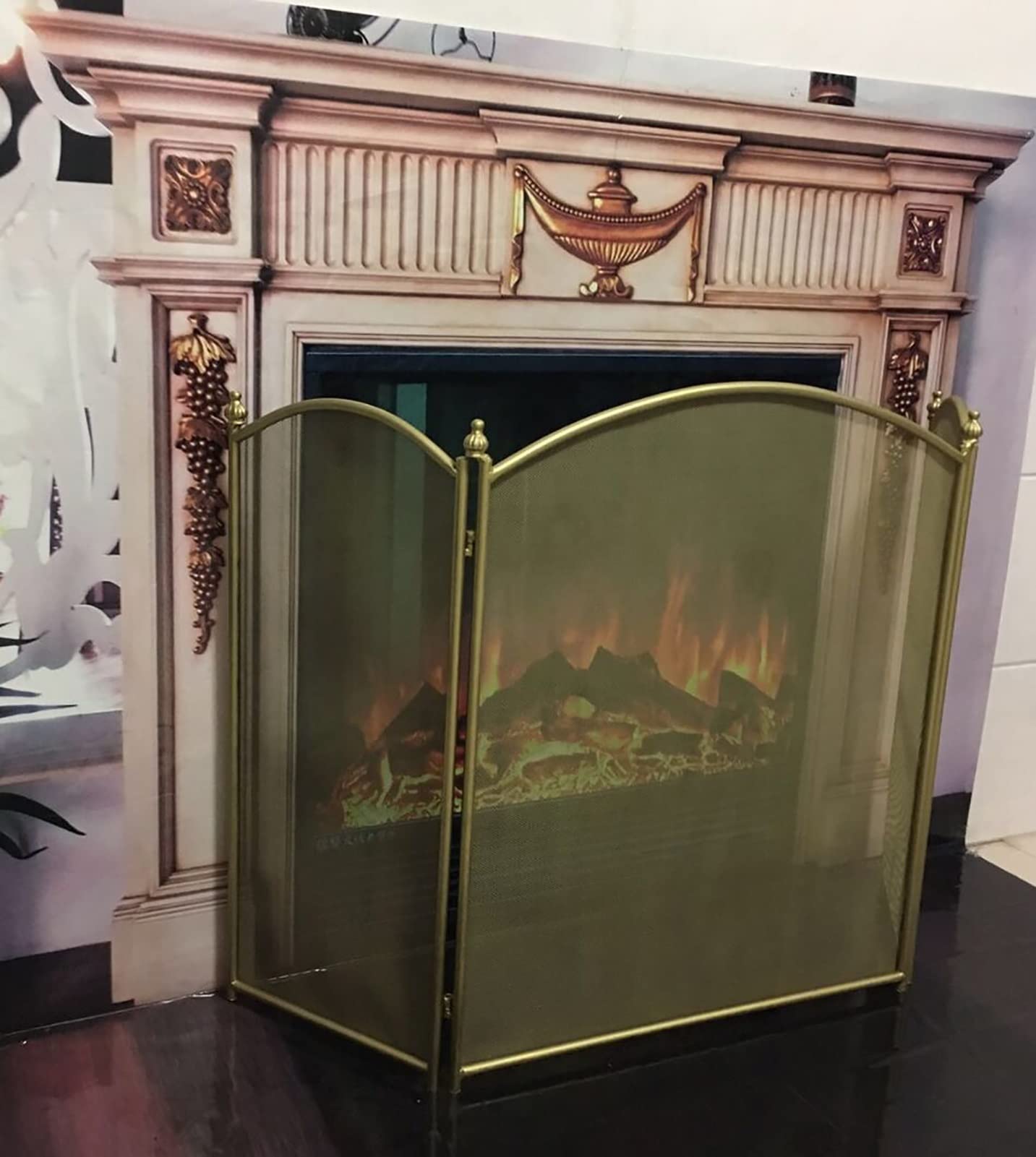Parascintille Pieghevole Fire Guard in Oro con Finitura Anticata, Accessorio per focolare a 3 Pannelli, parascintille per Animali Domestici, parascintille per Camino con Rete Protettiva