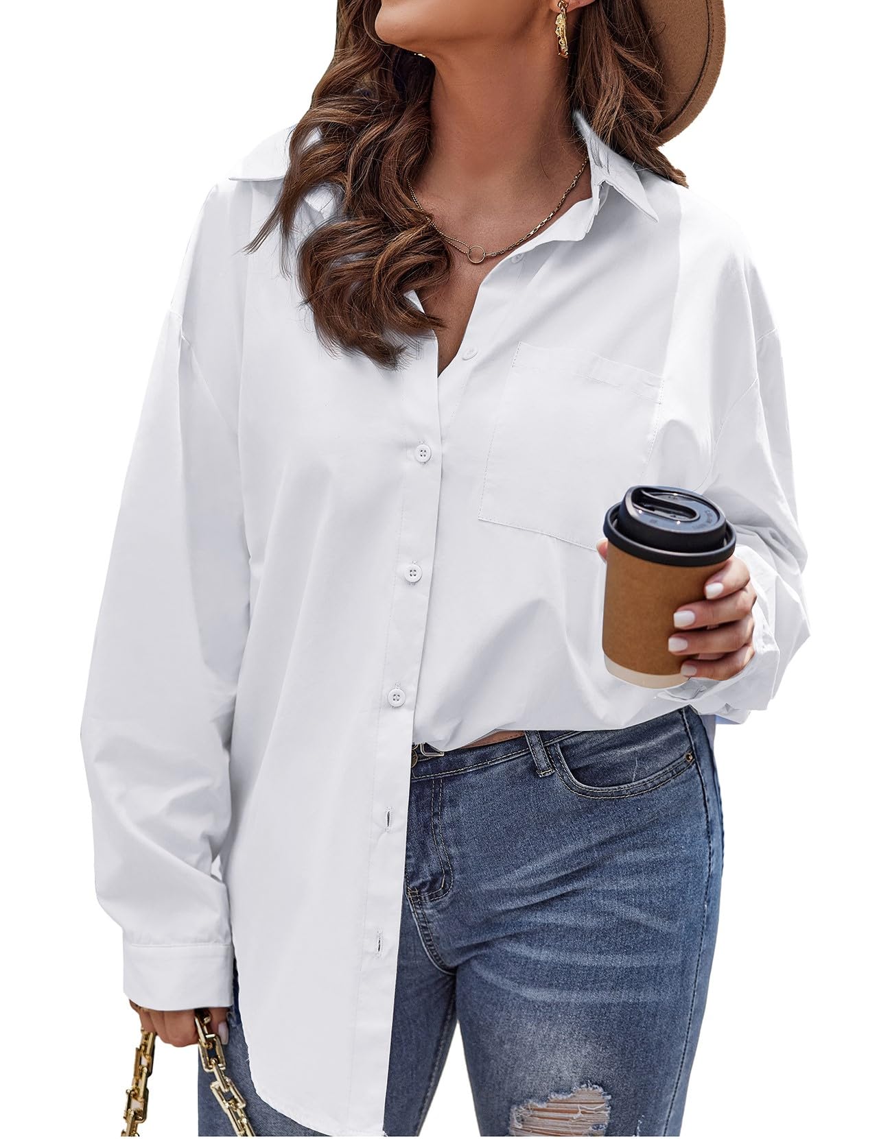 IN'VOLANDWomens Plus Size Button Down Shirts Long Sleeve Cotton Casual Collared Shirt Loose Work Blouses Tops with Pocket