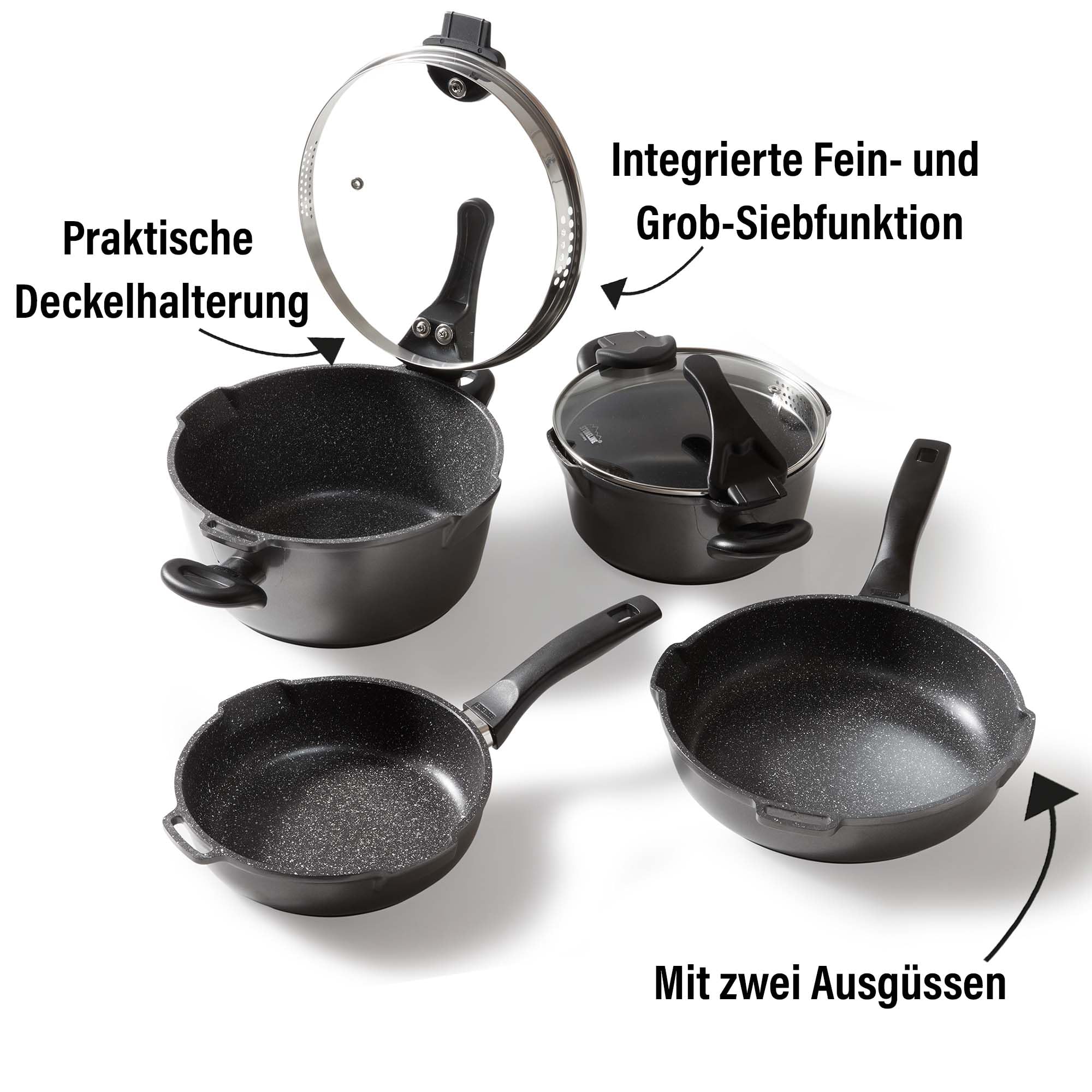 STONELINE Future Topfset Induktion, 8-teiliges Topfset mit Pfanne und Sieb Deckel, Kochtopf Set beschichtet mit echten Steinpartikeln, Aluguss Topf und Pfanne Induktion für alle Herdarten geeignet