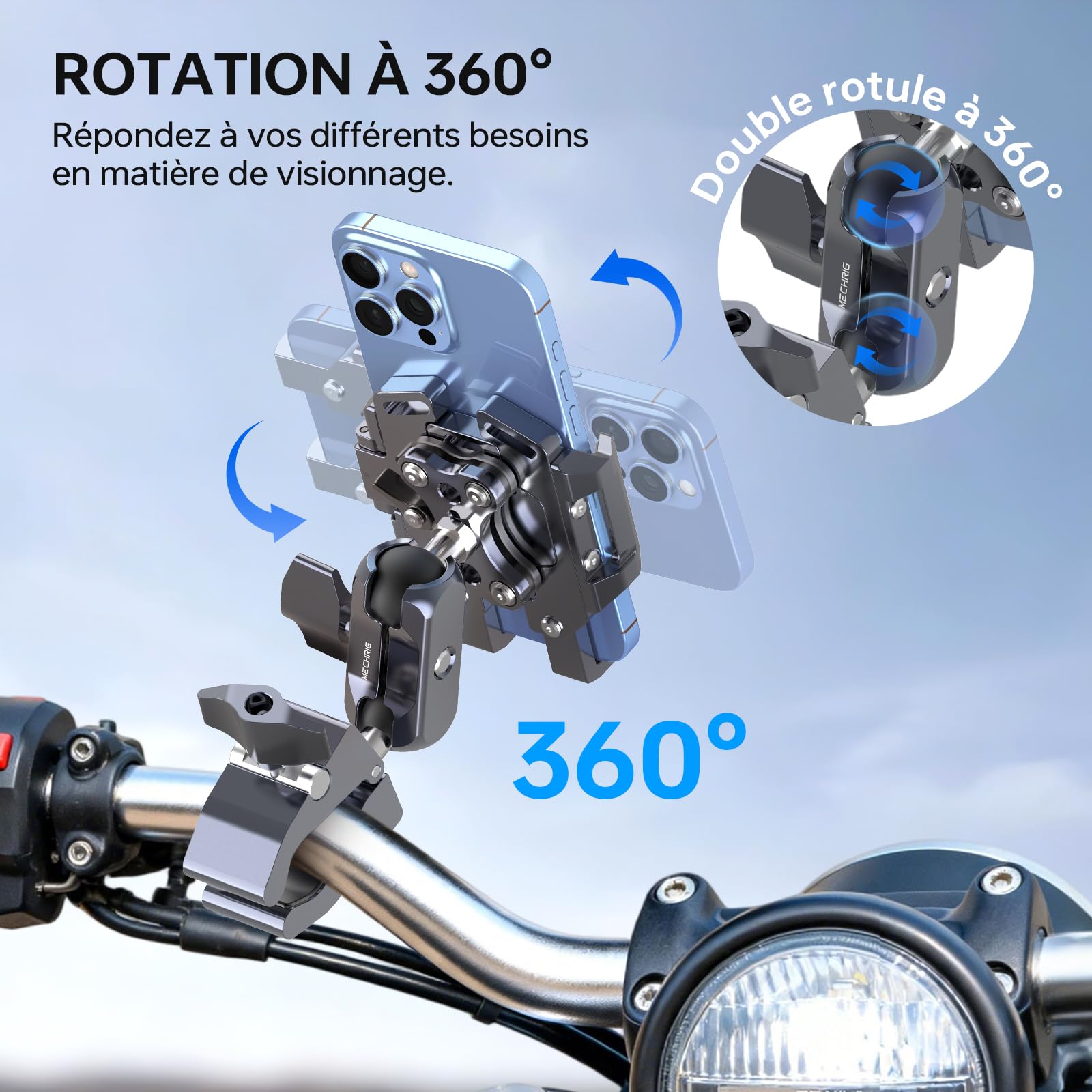QX002 Support de téléphone pour moto avec amortisseur de vibrations (comprend une super pince + bras double prise + support de téléphone tout en un) réglable à 360 ° et support de téléphone en