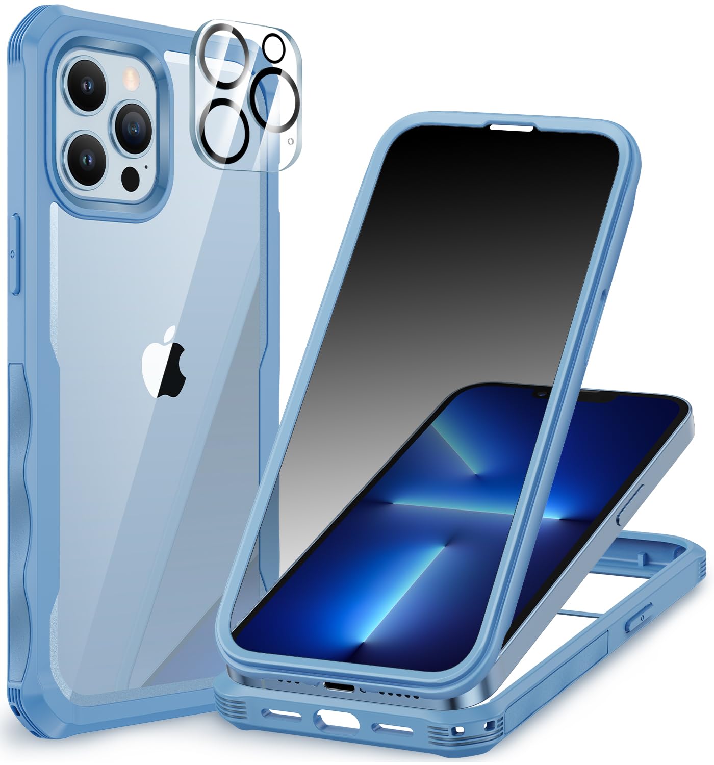CENHUFO Privacy Cover iPhone 13 Pro, con Protezione Schermo Vetro Temperato Anti Spia e Pellicola Fotocamera [9H HD] 360 Gradi Antiurto Rugged Fronte Retro Doppia Custodia per iPhone 13 Pro - Blu