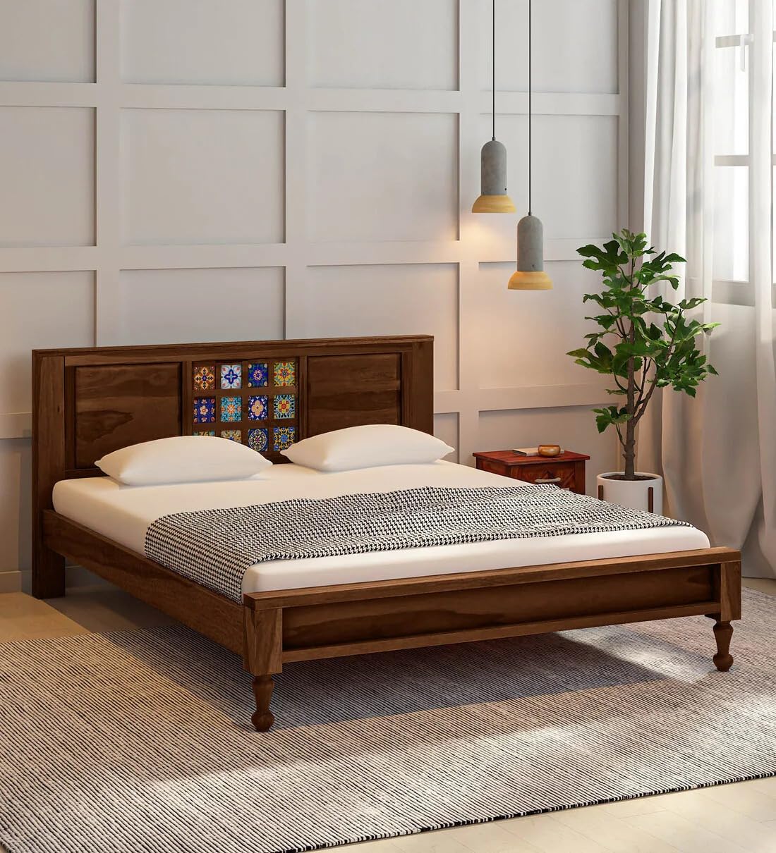 Sheesham Wood Queen Size Bed Without Storage | Wooden Double Bed Cot Palang Furniture for Bedroom Living Room Home (Walnut Finish)-image-43