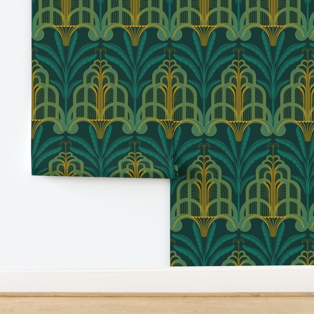 Spoonflower Removable Wallpaper 3ft x 2ft - Teal Art Deco Banana Leaf Tropical Waterfall Leaves Water Palms 1920S Custom Pre-Pasted Wallpaper