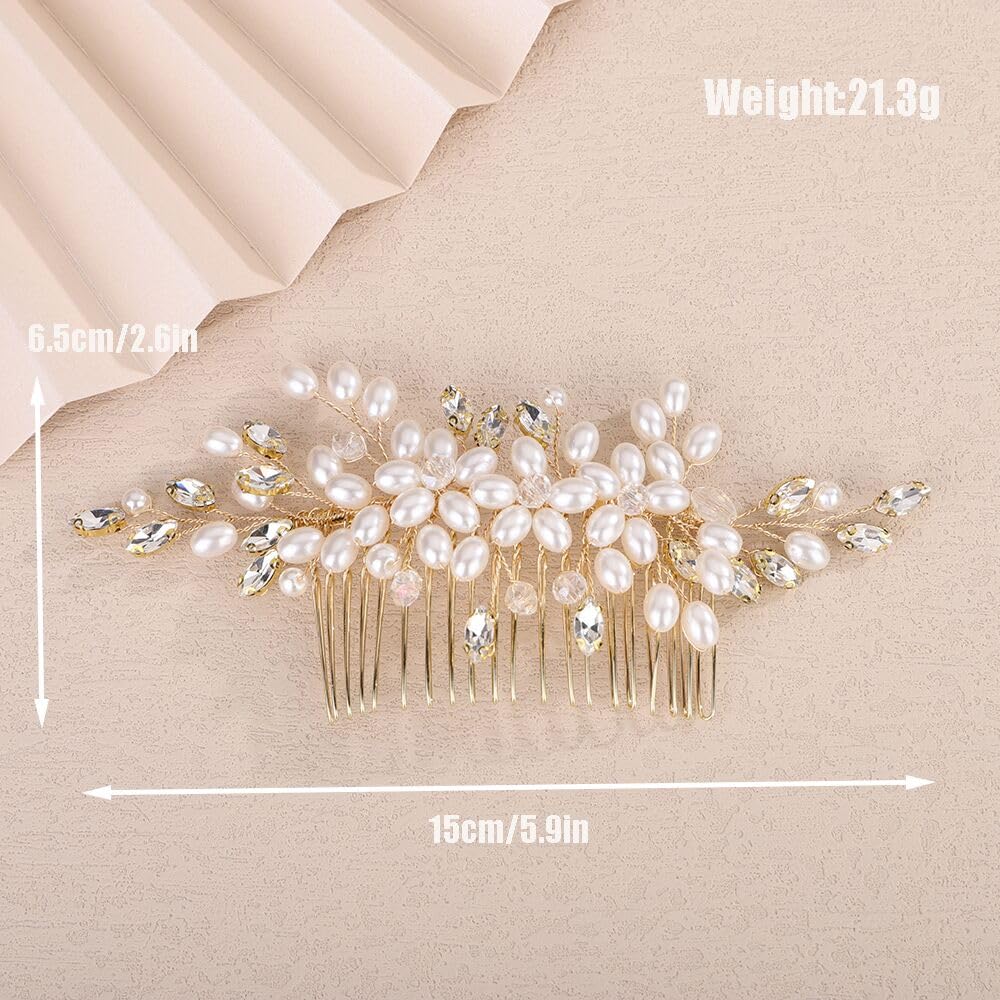 Teyglen Pearl Bride Wedding Hair Comb with Crystal Hair Piece Gold Rhinestone Bridal Side Comb Elegant Hair Accessories for Women Bridemaid Wedding Headpiece(Gold)
