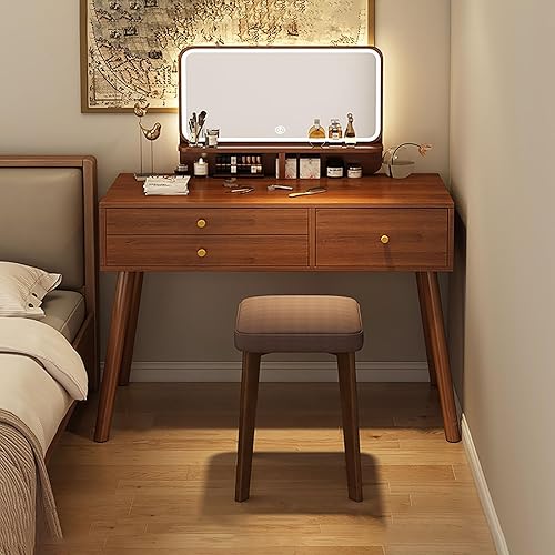 Miniatura 10 de Tocador con espejo de luces, escritorio de maquillaje de madera con taburete acolchado, moderno escritorio de tocador para dormitorio con taburete