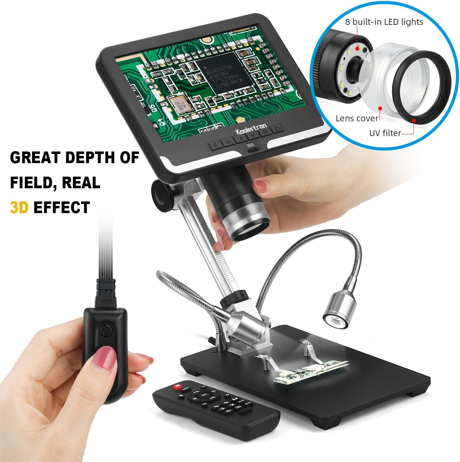 Up To 40% OFF 7 inch LCD Digital USB Microscope Angle Adjustable with Remote Control,Koolertron 12MP 1920x1080 30fps Video Recorder Image Flip/Reverse Color/Black & White for Circuit Board Repair Soldering PCB Coin
