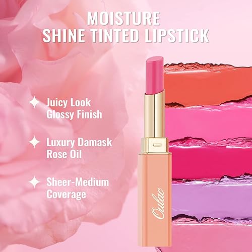 Miniatura 7 de Oulac Lápiz labial rojo melocotón coral para mujer, barra de labios hidratante rojo, bálsamo labial teñido brillante, acabado jugoso de brillo
