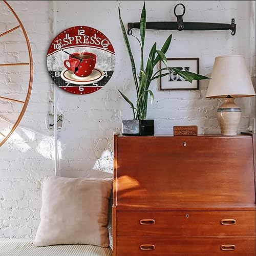 Miniatura 2 de Reloj de pared redondo de madera silencioso, sin tictac, funciona con pilas, color rojo expreso, 10 pulgadas, decoración rústica de granja, para