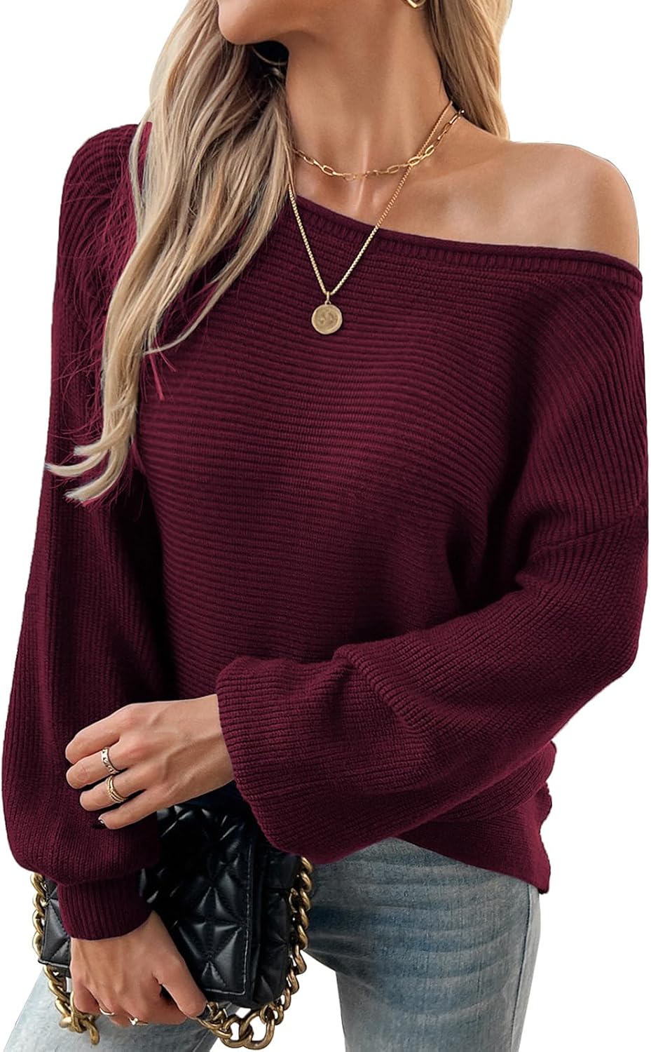 Mokayee Womens Long Sleeve Fall Sexy Casual Off The Shoulder Loose Fit Batwing Asymmetrical Pullover Sweater