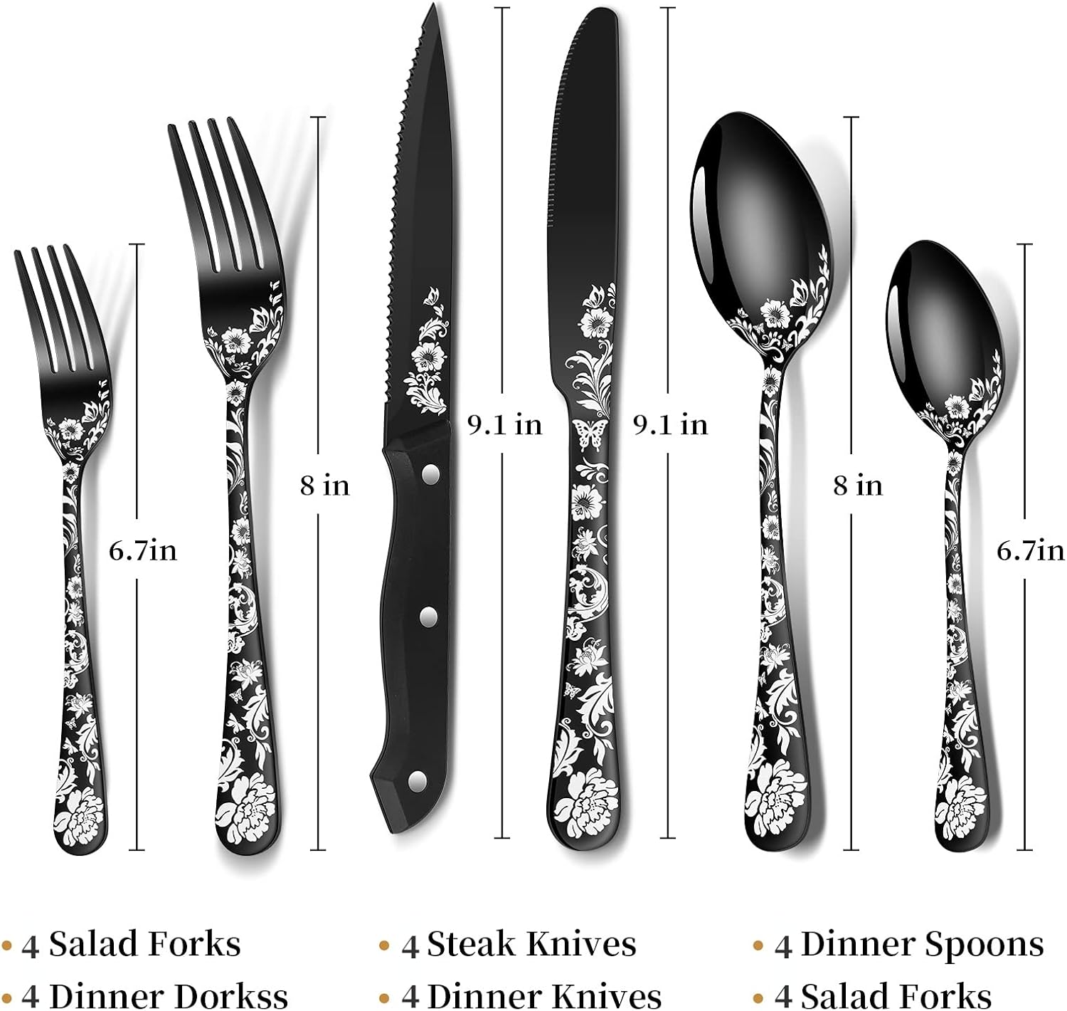 24-Piece Black Silverware Set with Steak Knife, Black Flatware Sets for 4, Stainless Steel Cutlery Set Includes Forks Knives Spoons,Unique Pattern Design，Mirror Polished and Dishwasher Safe
