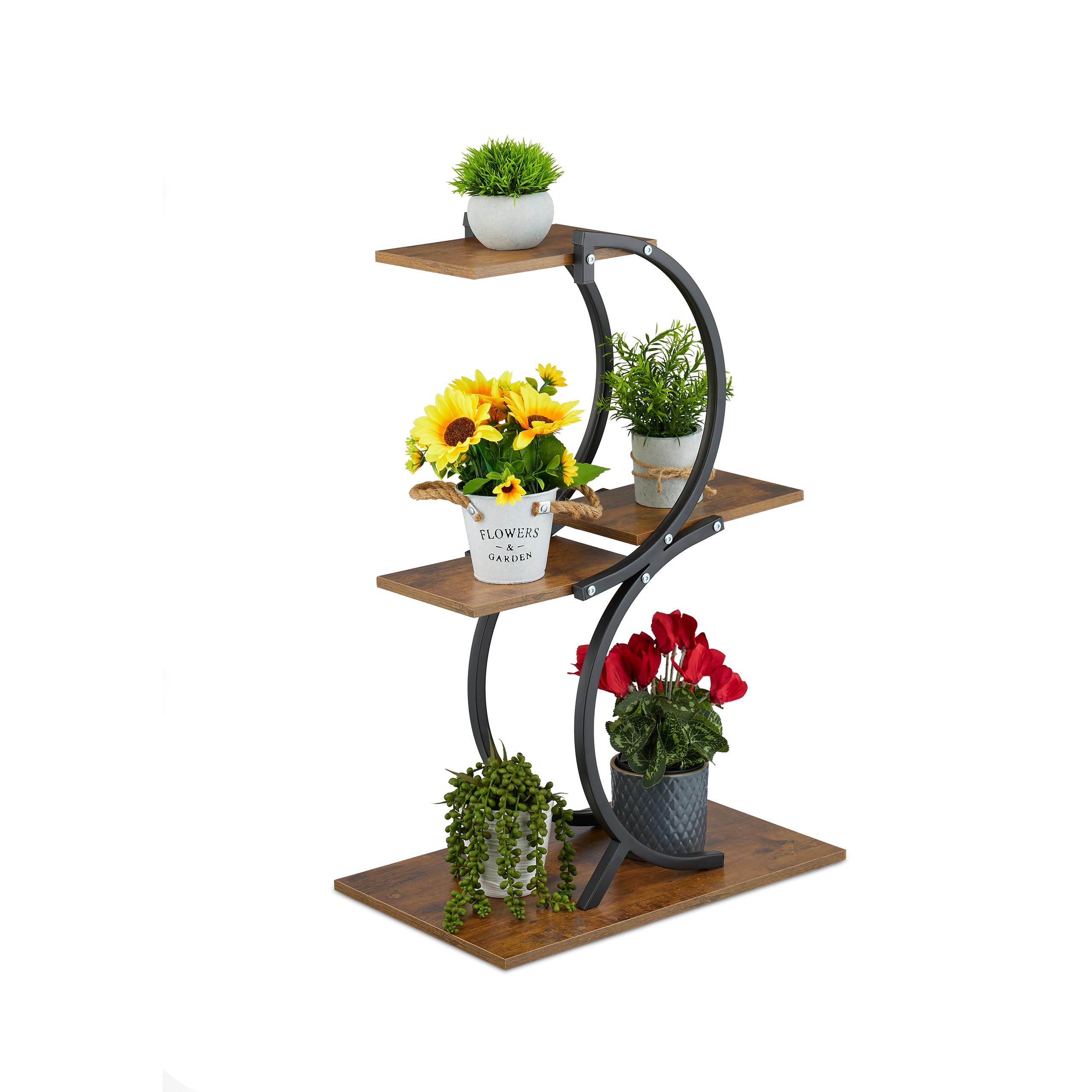 Relaxdays plant stand, 4 tiers, HxWxD: 76 x 48 x 30 cm, curved plant shelf for 5 pots, black/brown