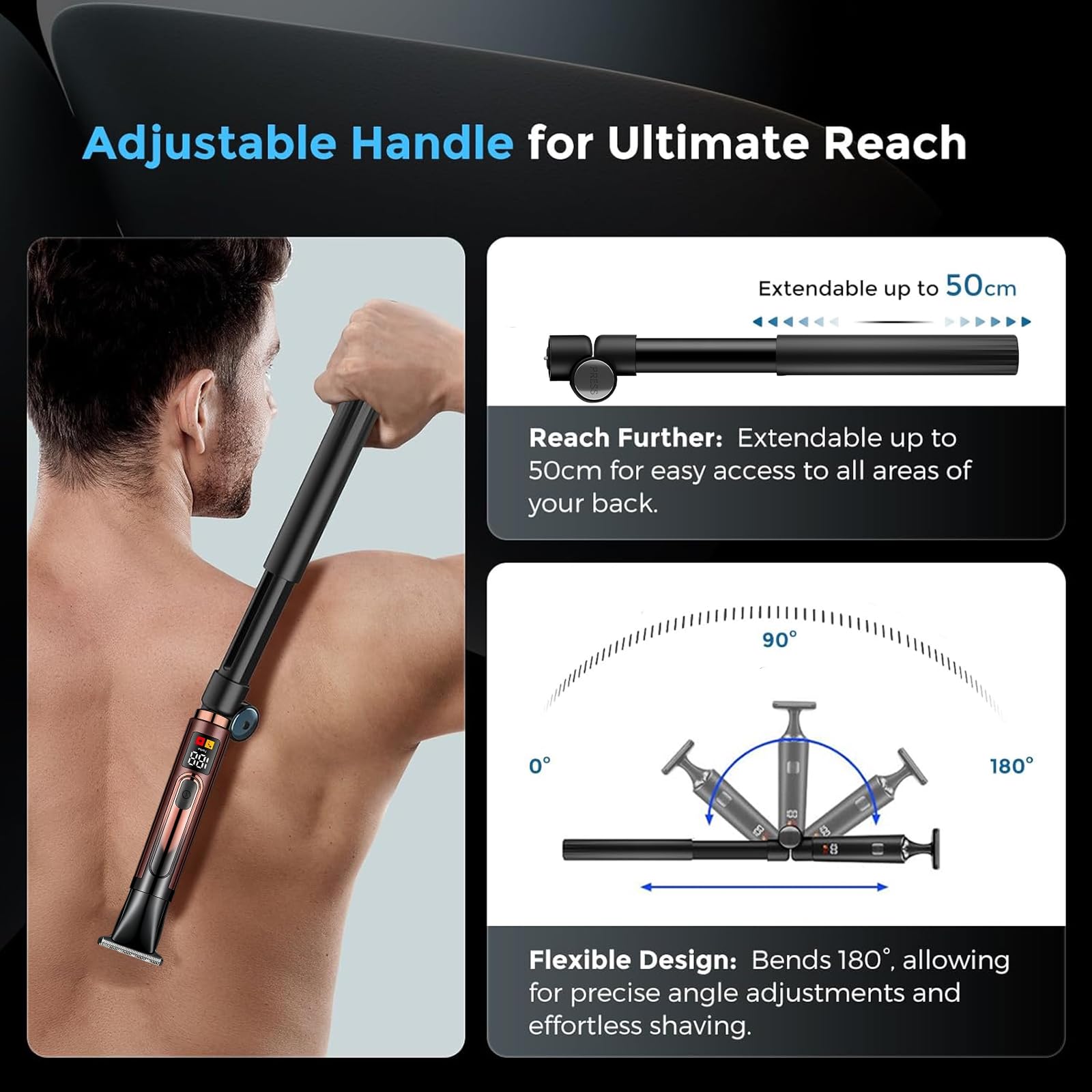 Tondeuse Corps Homme 5en1, Éclairage LED & Lames R Anti-Coupure, 2 Vitesses Turbo, Bras Télescopique 50cm, Écran LED Rappel Huile, IPX7 Étanche pour Dos Intime Nez Oreilles