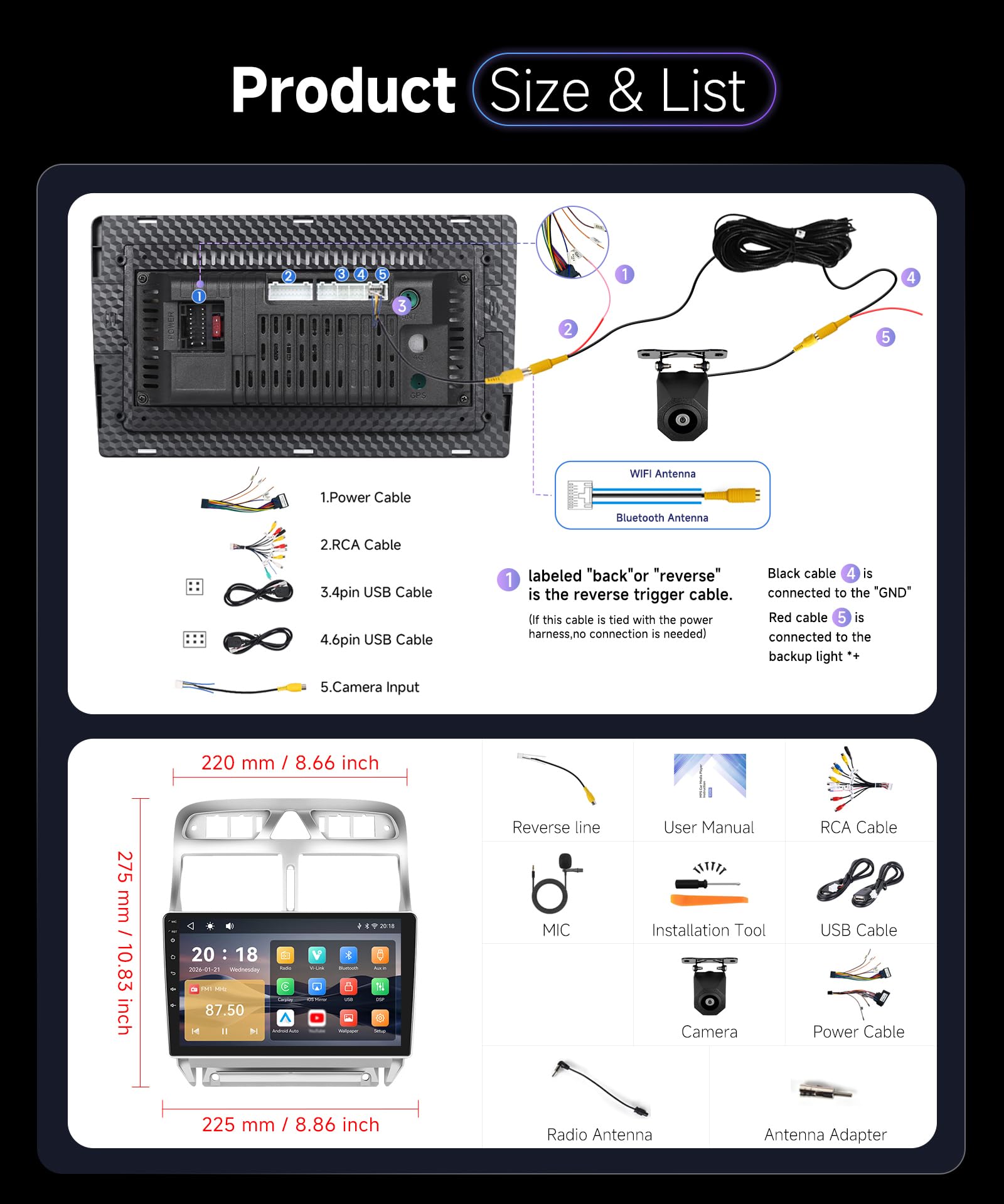 Hodozzy Autoradio pour Peugeot 307 2002-2013 avec CarPlay sans Fil Android Auto, 9 Pouce Touchsreen avec Bluetooth/RDS Radio/SWC/GPS/Youtube/USB/V-Link/+Caméra de Recul