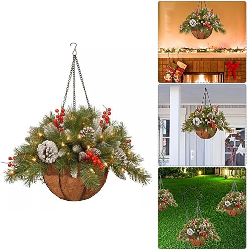 Cesta colgante de Navidad artificial con conos de pino blanco esmerilado, ramas, cestas colgantes de bayas, guirnaldas de adornos de Navidad, cesta