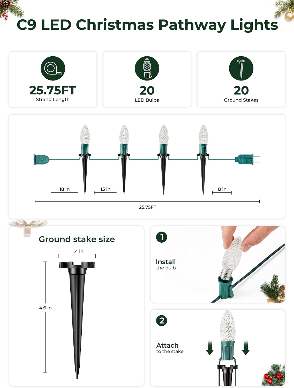 C9 Christmas Lights Outdoor, 26FT 20 LED C9 String Lights with Stakes image 5
