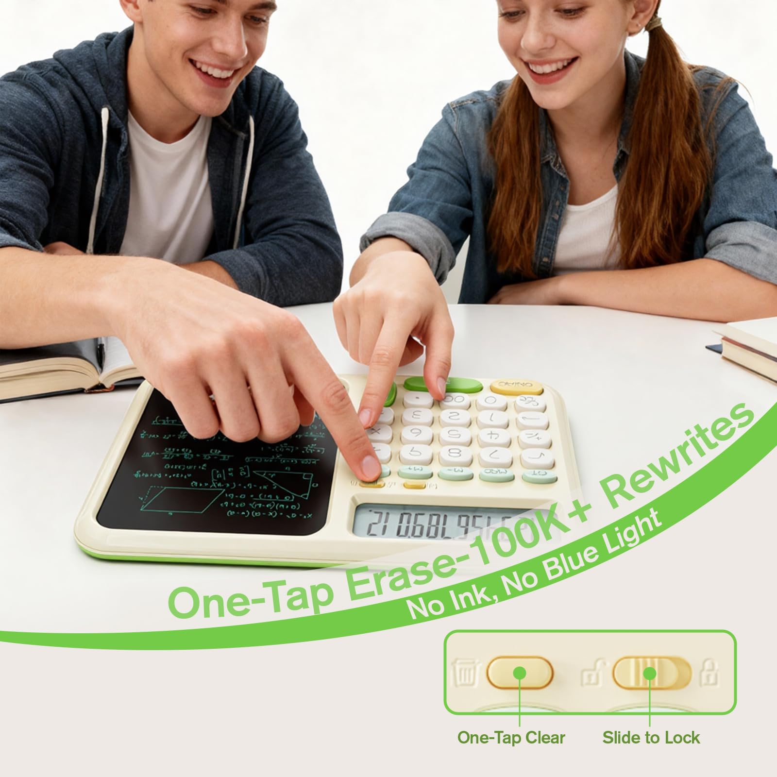 ROATEE Foldable 2-in-1 Basic Calculator with Erasable LCD Handwriting Tablet,12-bit HD Widescreen,Rechargeable Solar Dual Power Supply,Suitable for Students and Office Use (Green) — view 6