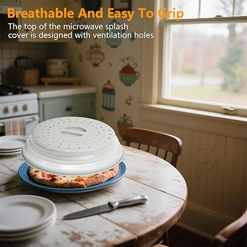 Miniatura 6 de Cubierta plegable para salpicaduras de microondas, tapa ventilada sin BPA con agujero de gancho, incluye 2 guantes resistentes al calor, gris, 1