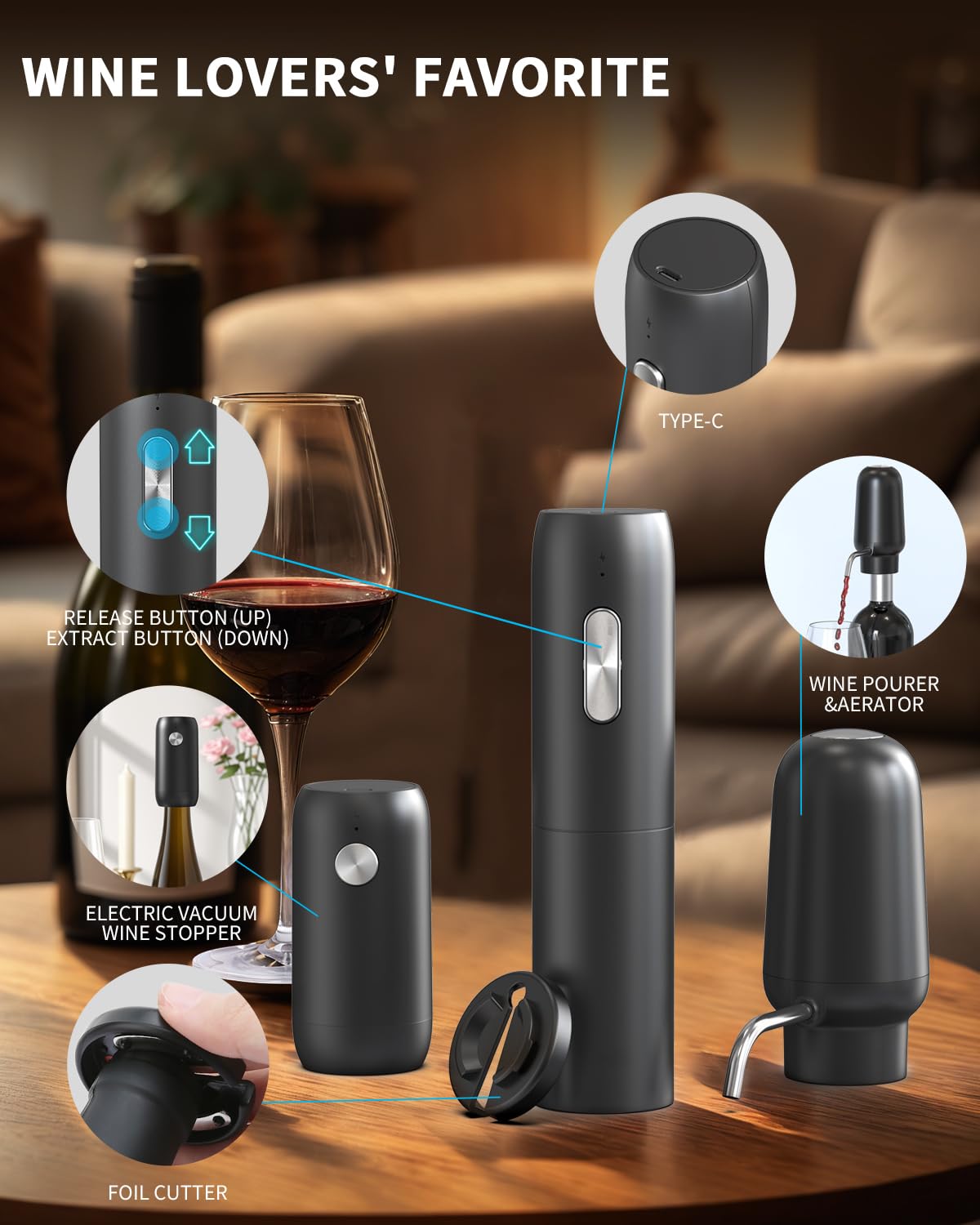 Juego de abridor eléctrico de botellas de vino recargable 5 en 1 con cortador de aluminio, abridor de vino eléctrico, aireador y vertedor de vino eléctrico 2 en 1, tapón de vino al vacío 3