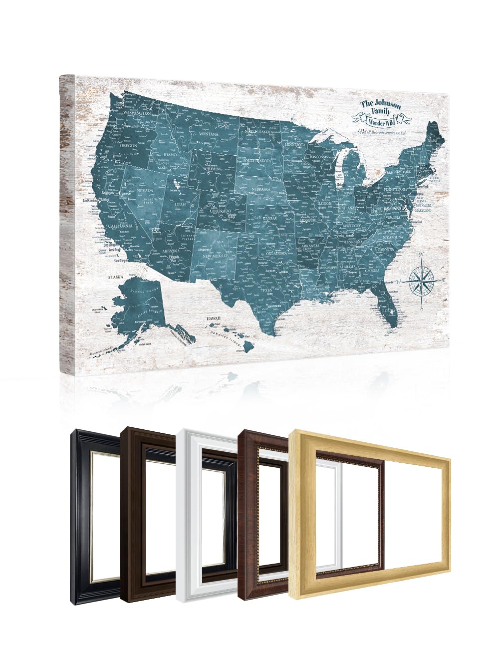 IPIC Personalized Vintage Teal Framed USA Map Pin Board, Size 24x16 in