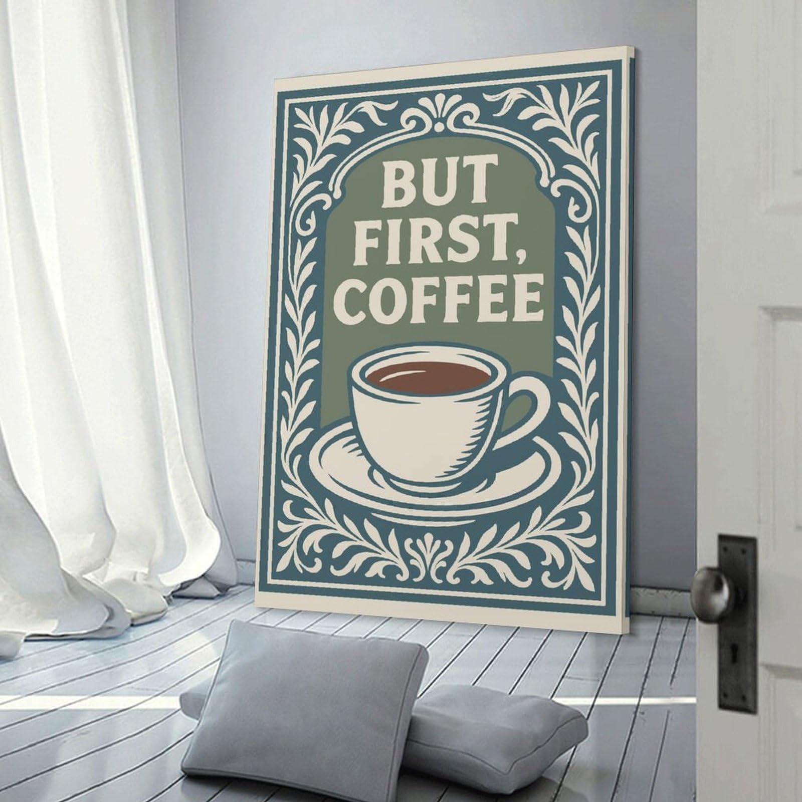 Junmoney Canvas Art Print But First, Coffee - Decorative Art, 24x36inch(60x90cm), for Calm Bedrooms, Home Corners Or Flats, A Warm Accent for Relaxed Interiors