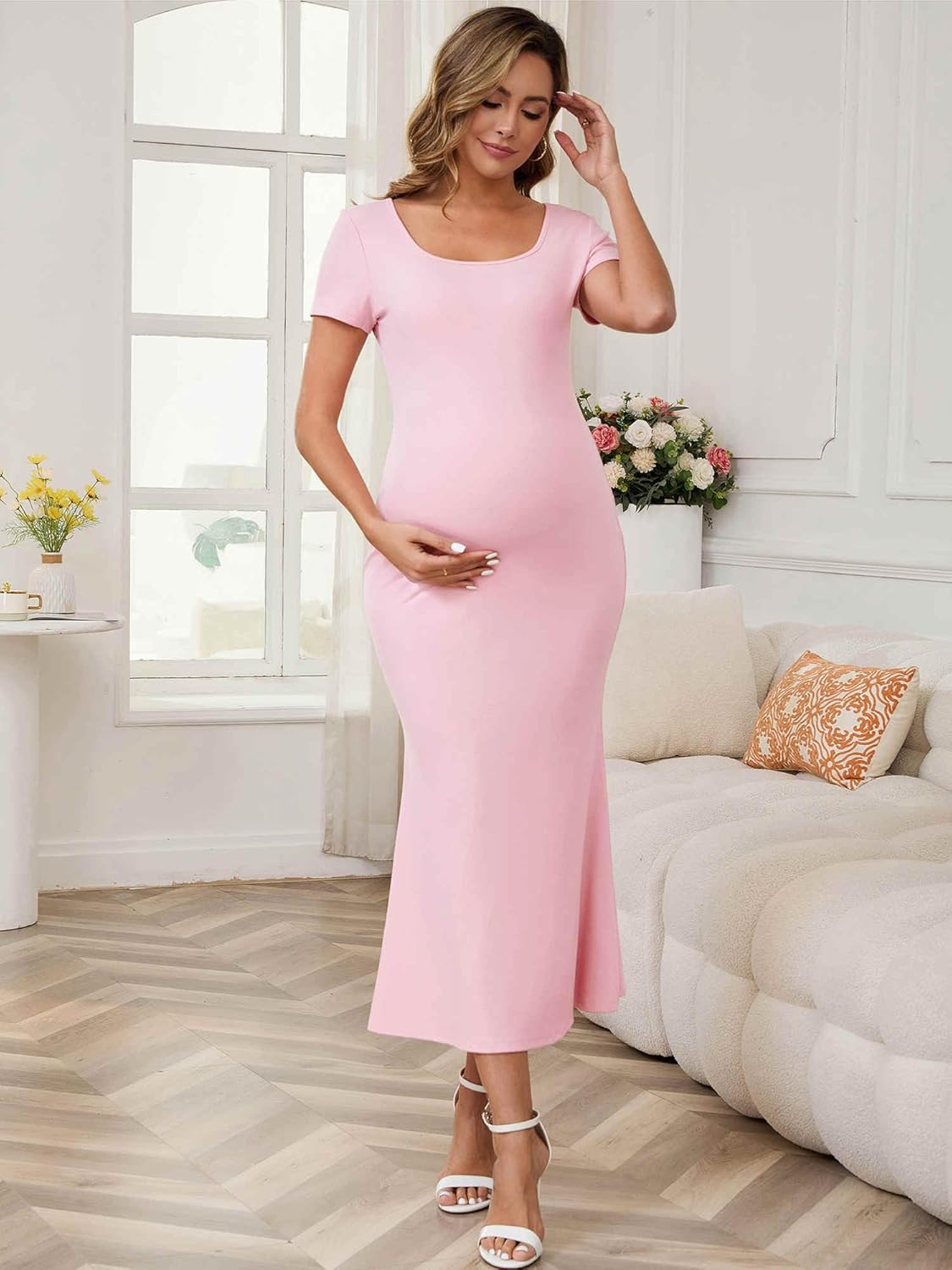 Womens Maternity Dress Bodycon Fitted Stretchy Ribbed Mermaid Midi Summer Pregnancy Dresses for Wedding Guest - Image 3