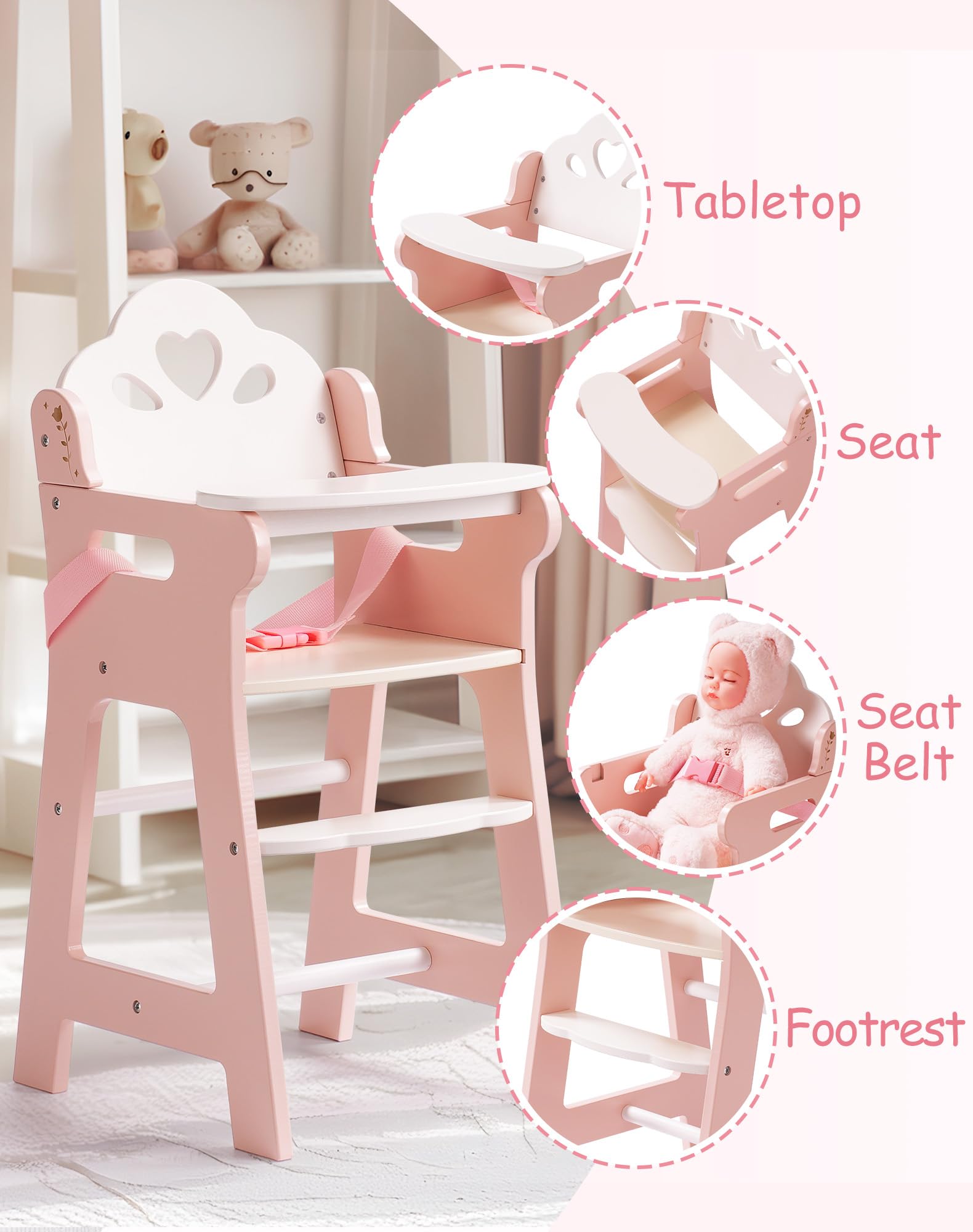 ROBUD Wooden Baby Doll High Chair, Toddler Pretend Play Doll Furniture with Adjustable Seat Belt, Movable Tabletop & Footrest - Image 4
