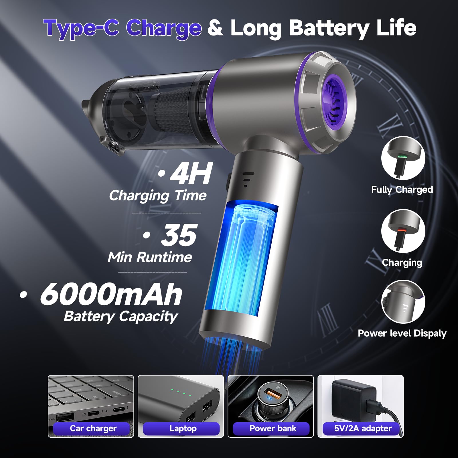 Aspiradora portátil inalámbrica para automóvil, 22000 PA, aspiradora de mano de alta potencia con motor sin escobillas, 11 en 1, mini aspiradora de mano recargable inalámbrica, plumero/soplador/bomba 7