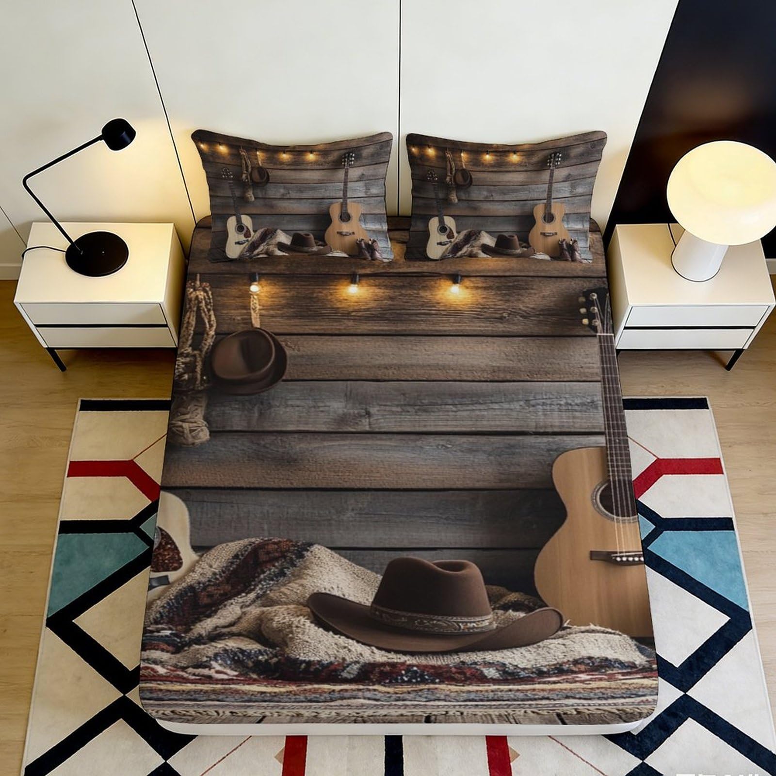 Jqzkxnhpbr Style-4 3D Printed Rustic Wood Fitted Sheet Microfiber Anti-Slip Country Guitar Bed Sheet For Bedroom Dorm Decoration 90X200x25cm